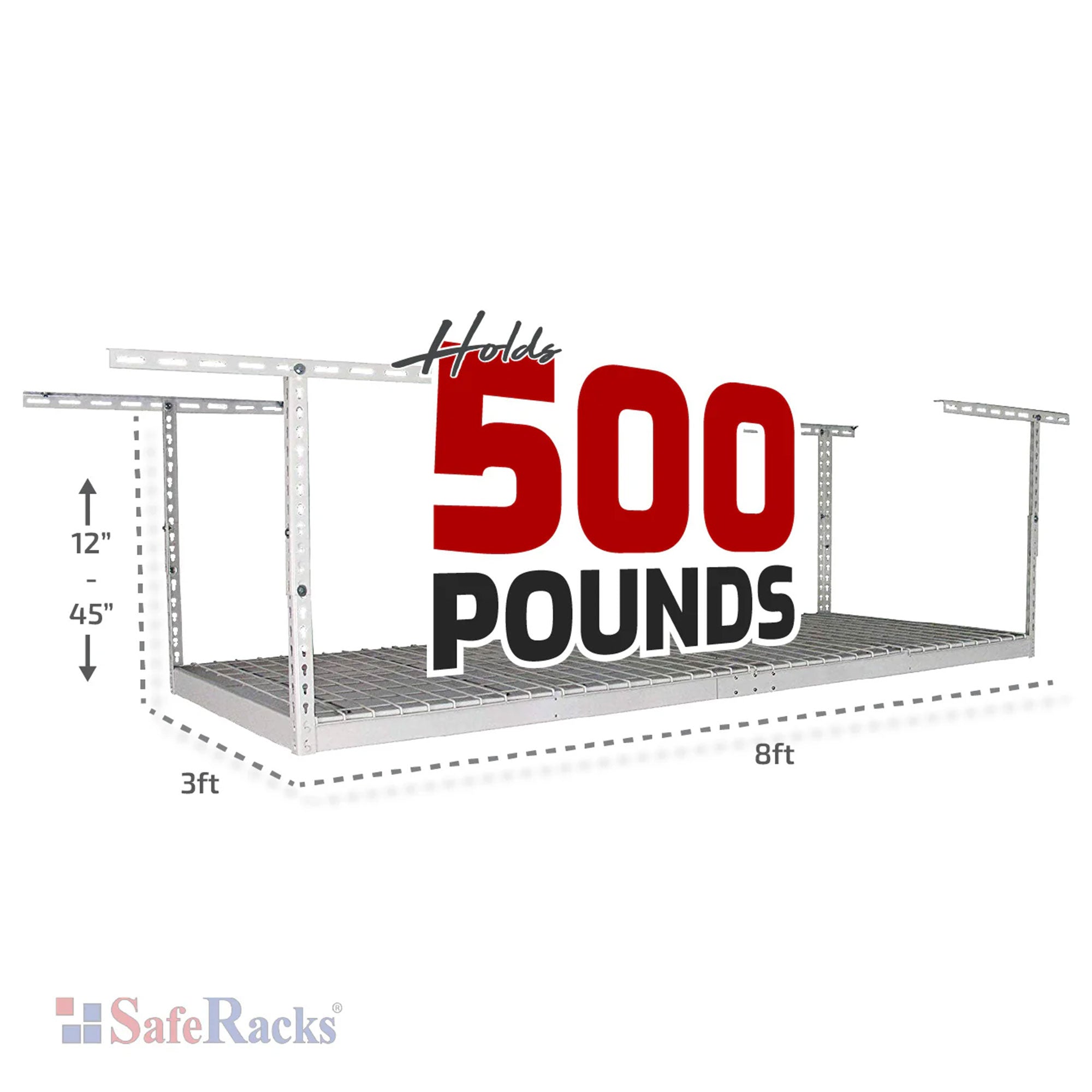 SafeRacks 2' x 8' Overhead Garage Storage Rack Holds Up to 400 lbs, White (Used)