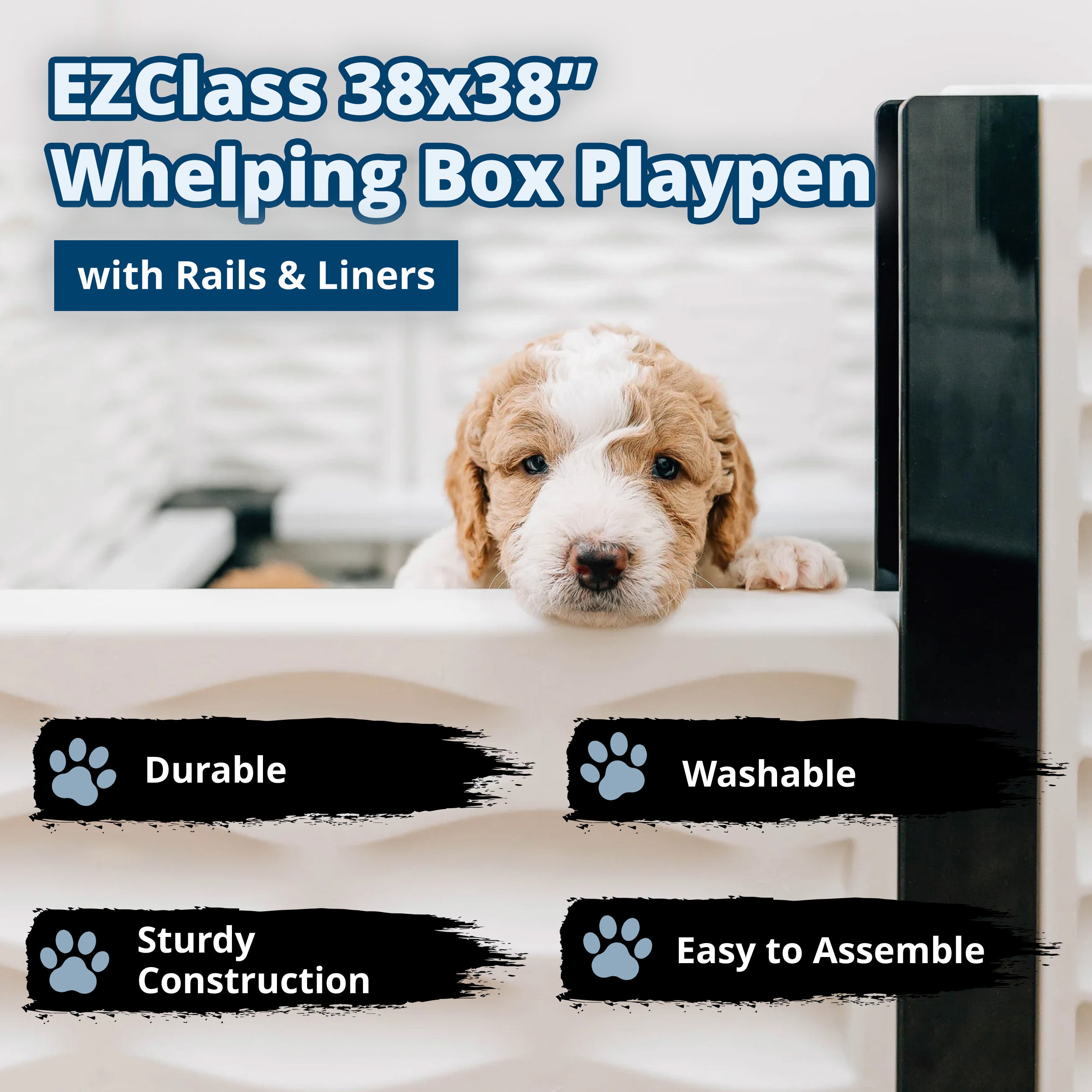 EZwhelp EZclassic 38" x 38" Puppy Dog Whelping Box Playpen with Rails & Liner - VMInnovations