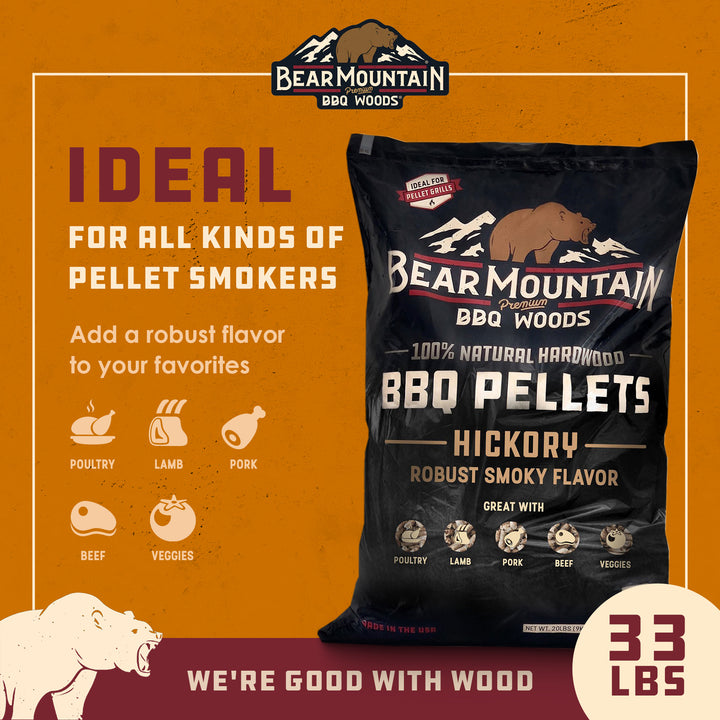 Bear Mountain All Natural Hickory BBQ Pellets w/Robust Smoky Flavor, 33 Pounds - VMInnovations