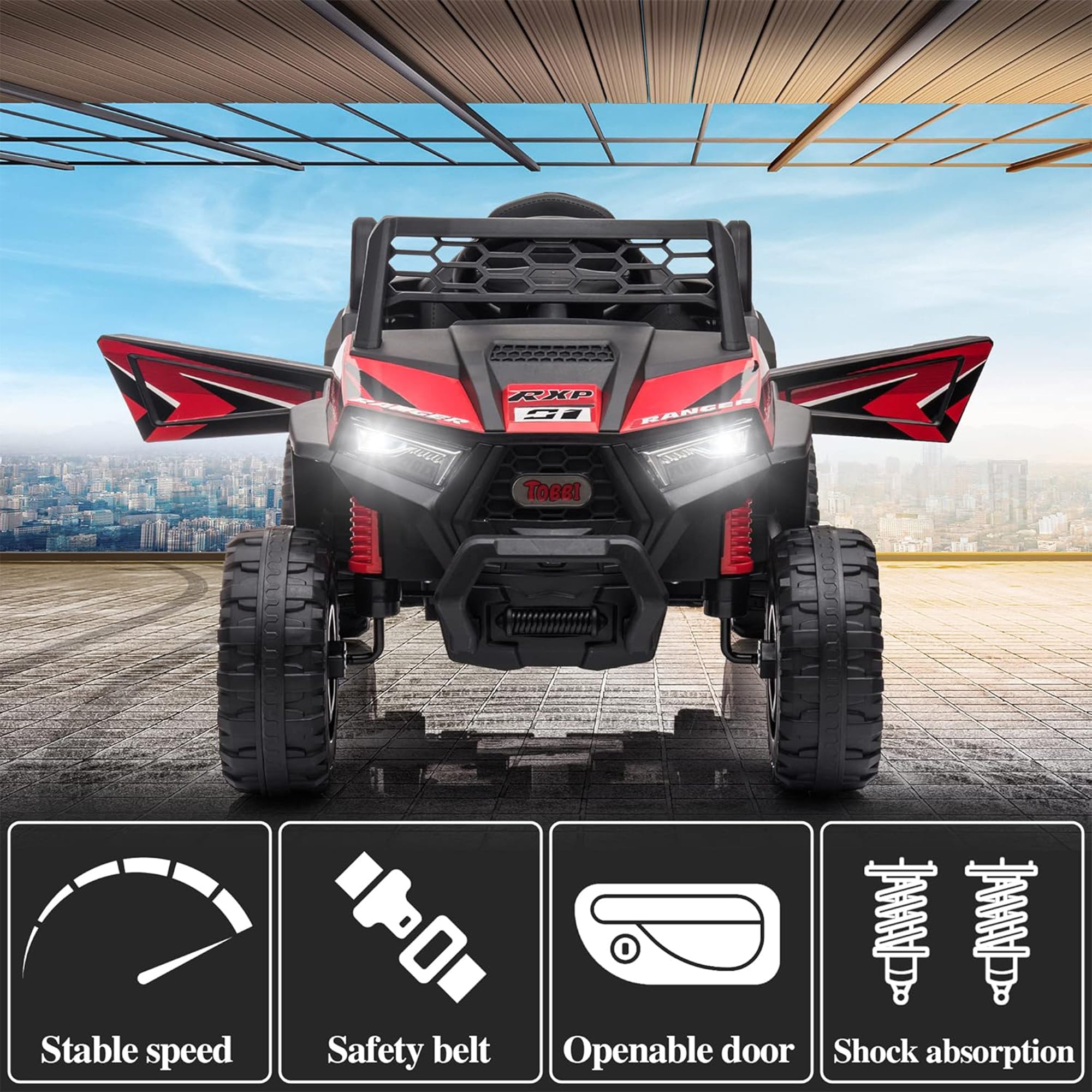 TOBBI 12 Volt Kids Ride on Electric Car Off Road UTV Truck with Horn, Red - VMInnovations