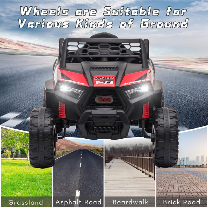 TOBBI 12 Volt Kids Ride on Electric Car Off Road UTV Truck with Horn, Red - VMInnovations