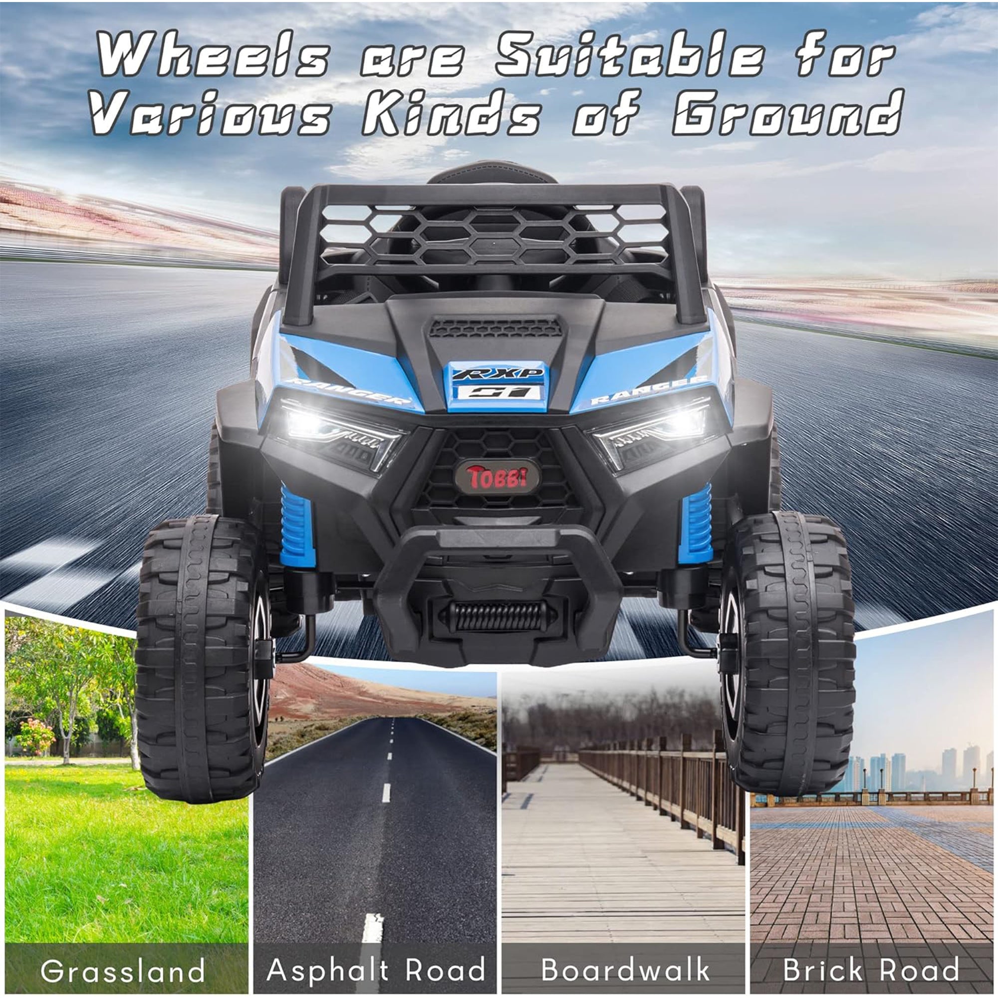 TOBBI 12 Volt Kids Ride on Electric Car Off Road UTV Truck with Horn, Blue - VMInnovations