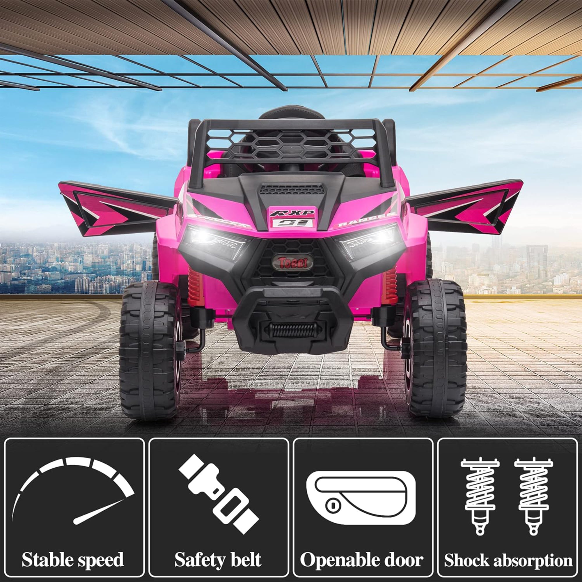 TOBBI 12 Volt Kids Ride on Electric Car Off Road UTV Truck with Horn, Rose Red - VMInnovations