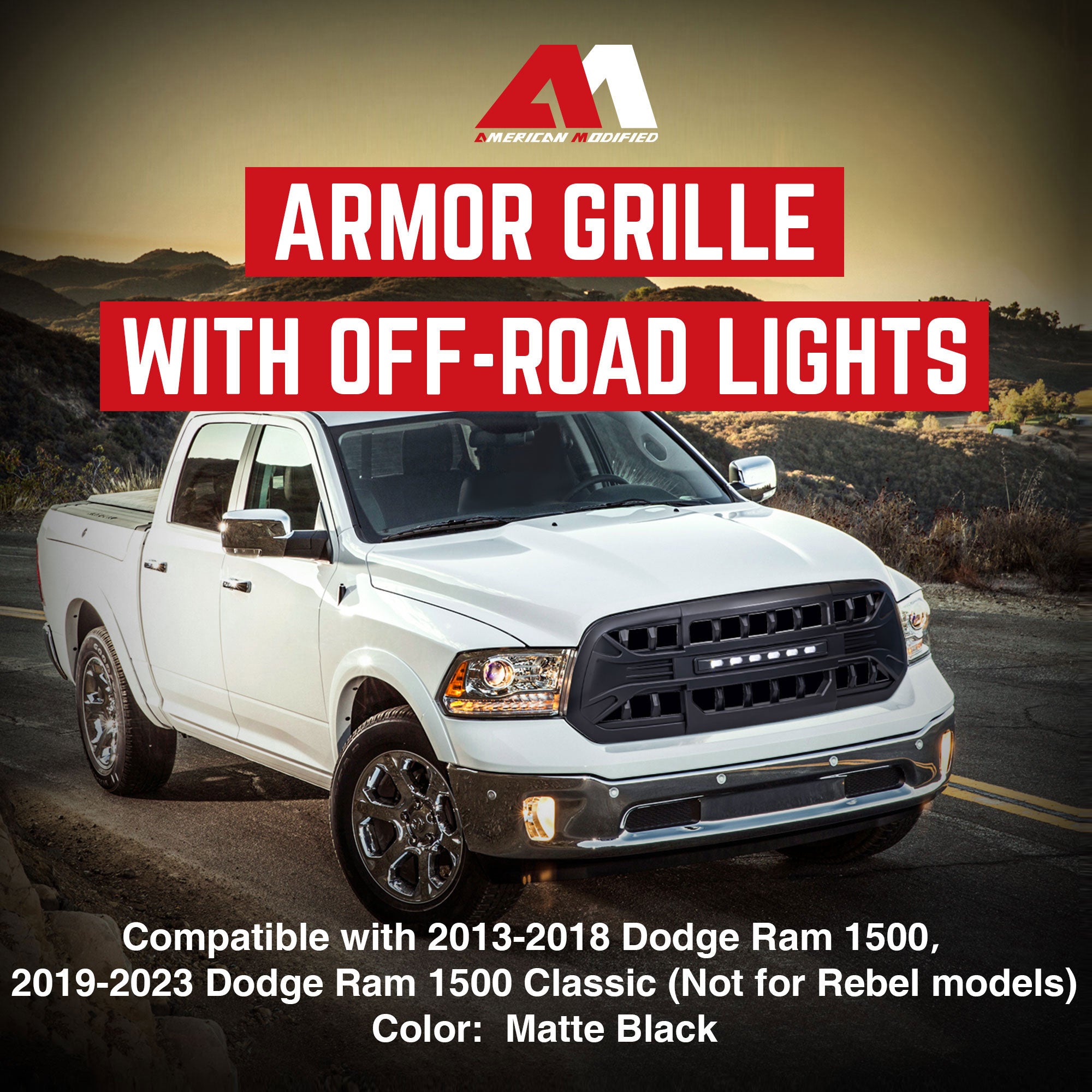 AMERICAN MODIFIED Armor Grille for 13-18 Dodge Ram 1500, 19-23 Ram 1500, Black - VMInnovations