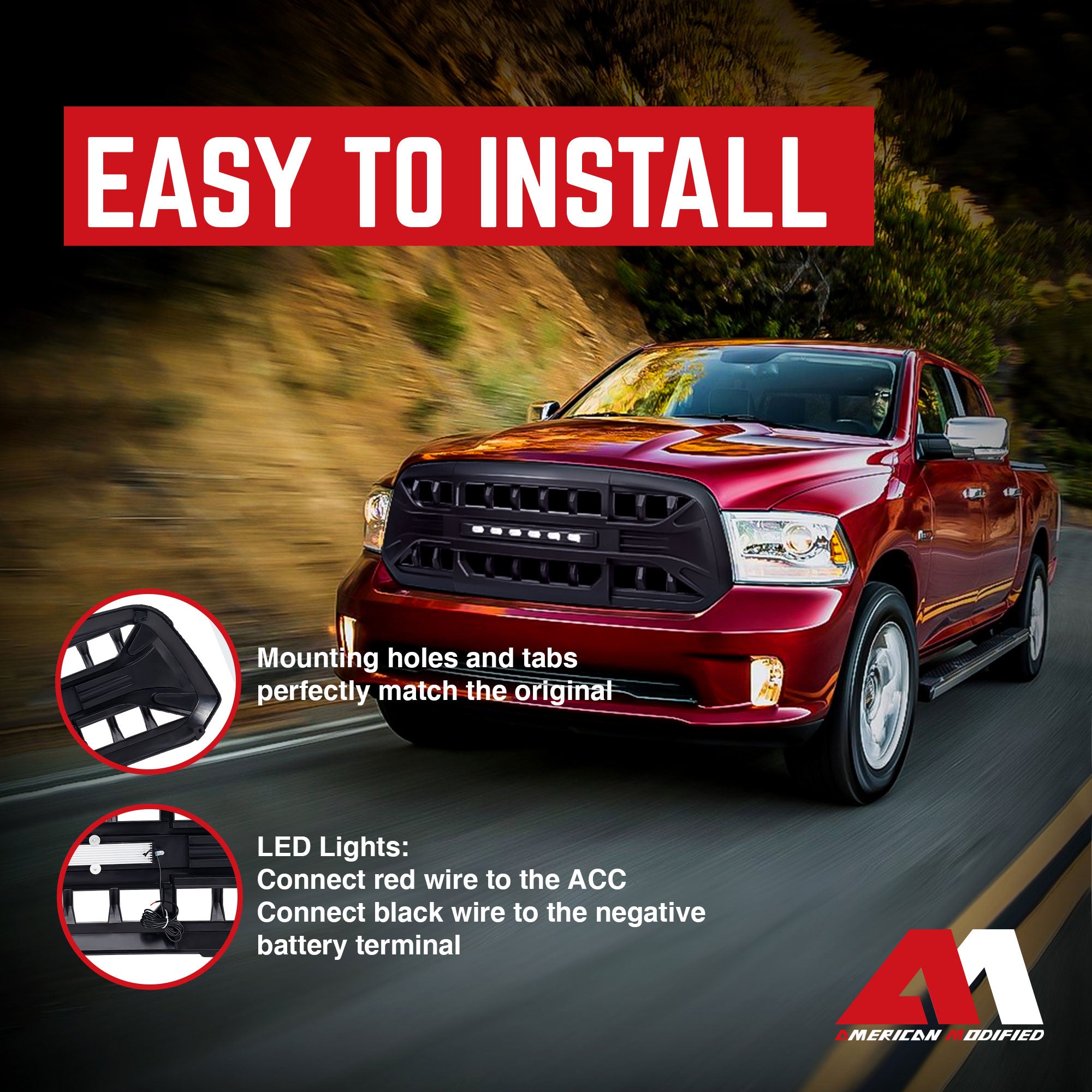 AMERICAN MODIFIED Armor Grille for 13-18 Dodge Ram 1500, 19-23 Ram 1500, Black - VMInnovations