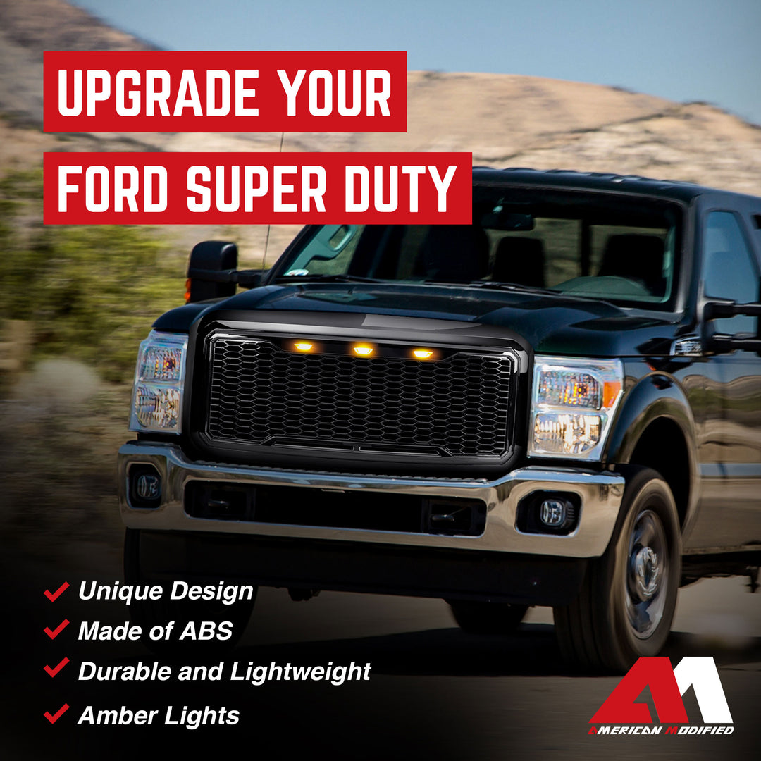 AMERICAN MODIFIED Front Grille for 2011-2016 Ford F250/350/450/550, Glossy Black - VMInnovations
