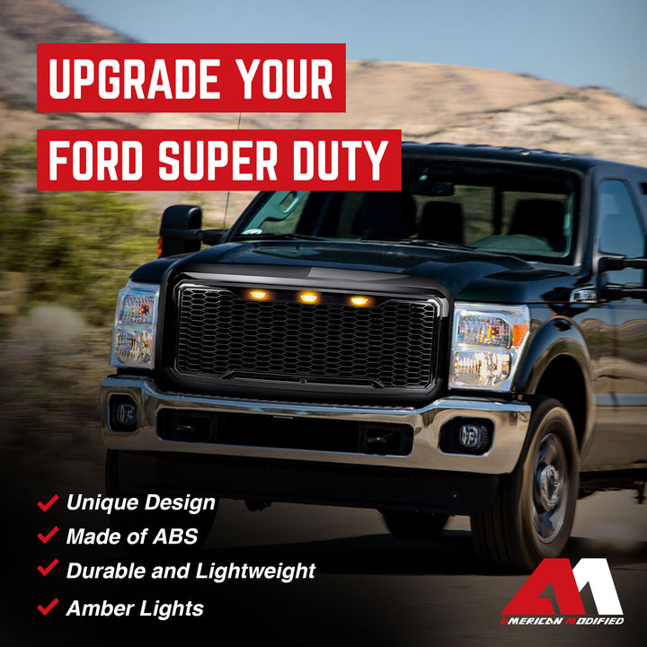 AMERICAN MODIFIED Front Grille for 2011-2016 Ford F250/350/450/550, Glossy Black - VMInnovations