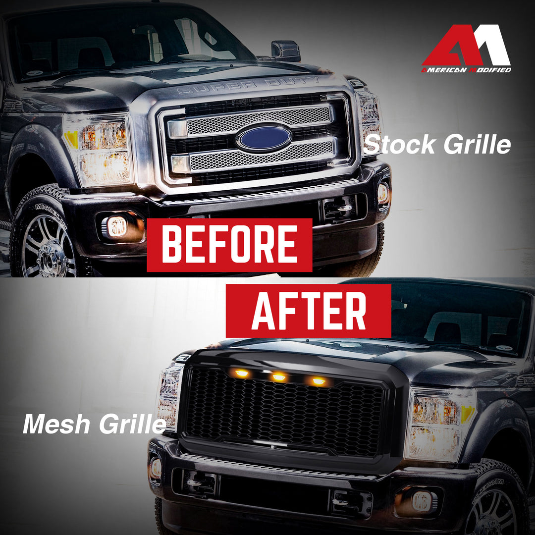 AMERICAN MODIFIED Front Grille for 2011-2016 Ford F250/350/450/550, Glossy Black - VMInnovations
