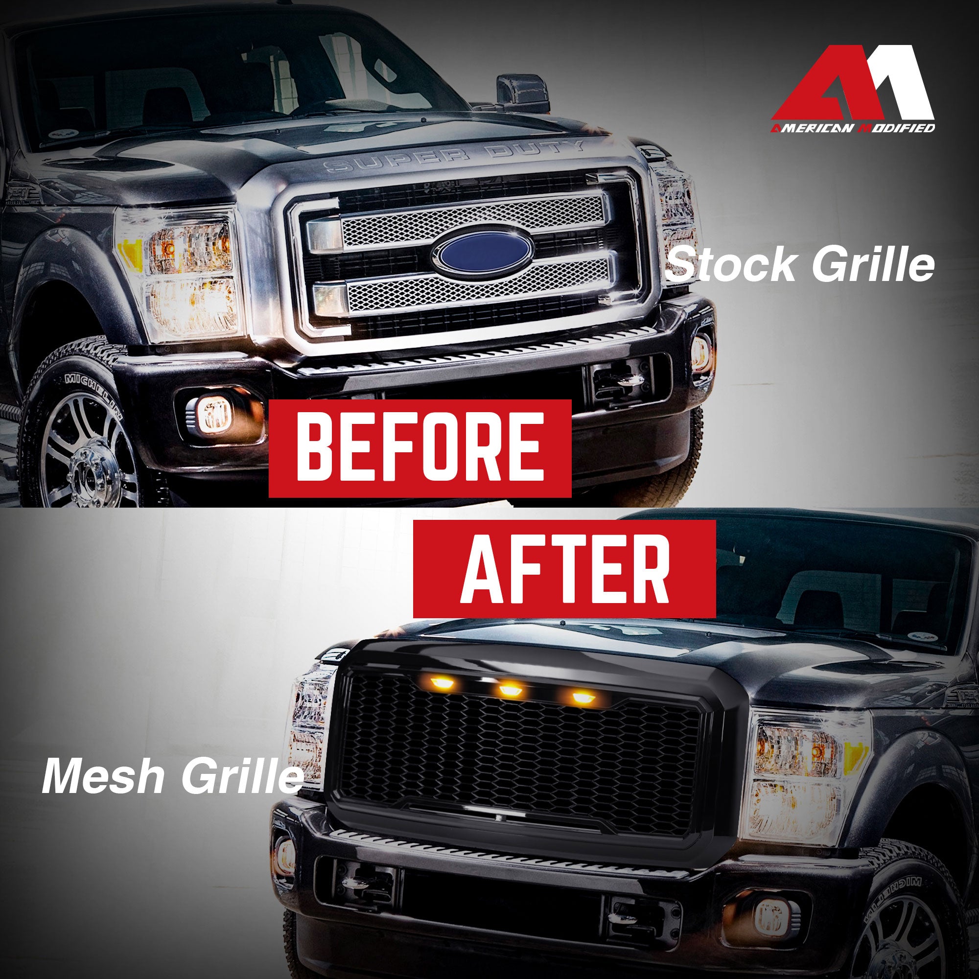 AMERICAN MODIFIED Front Grille for 2011-2016 Ford F250/350/450/550, Glossy Black - VMInnovations