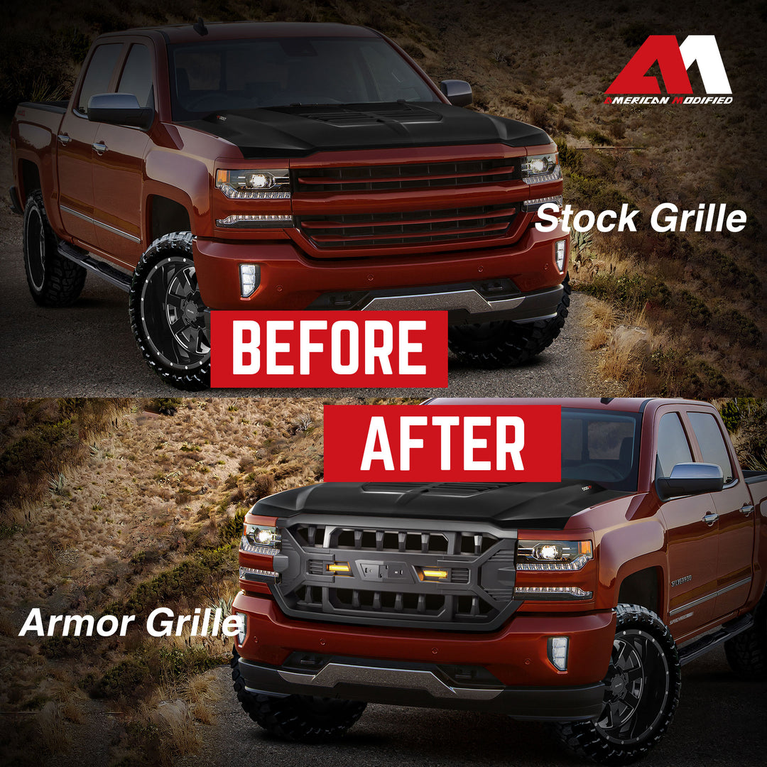 AMERICAN MODIFIED Armor Grille for 2016-2019 Chevy Silverado 1500, Matte Black - VMInnovations