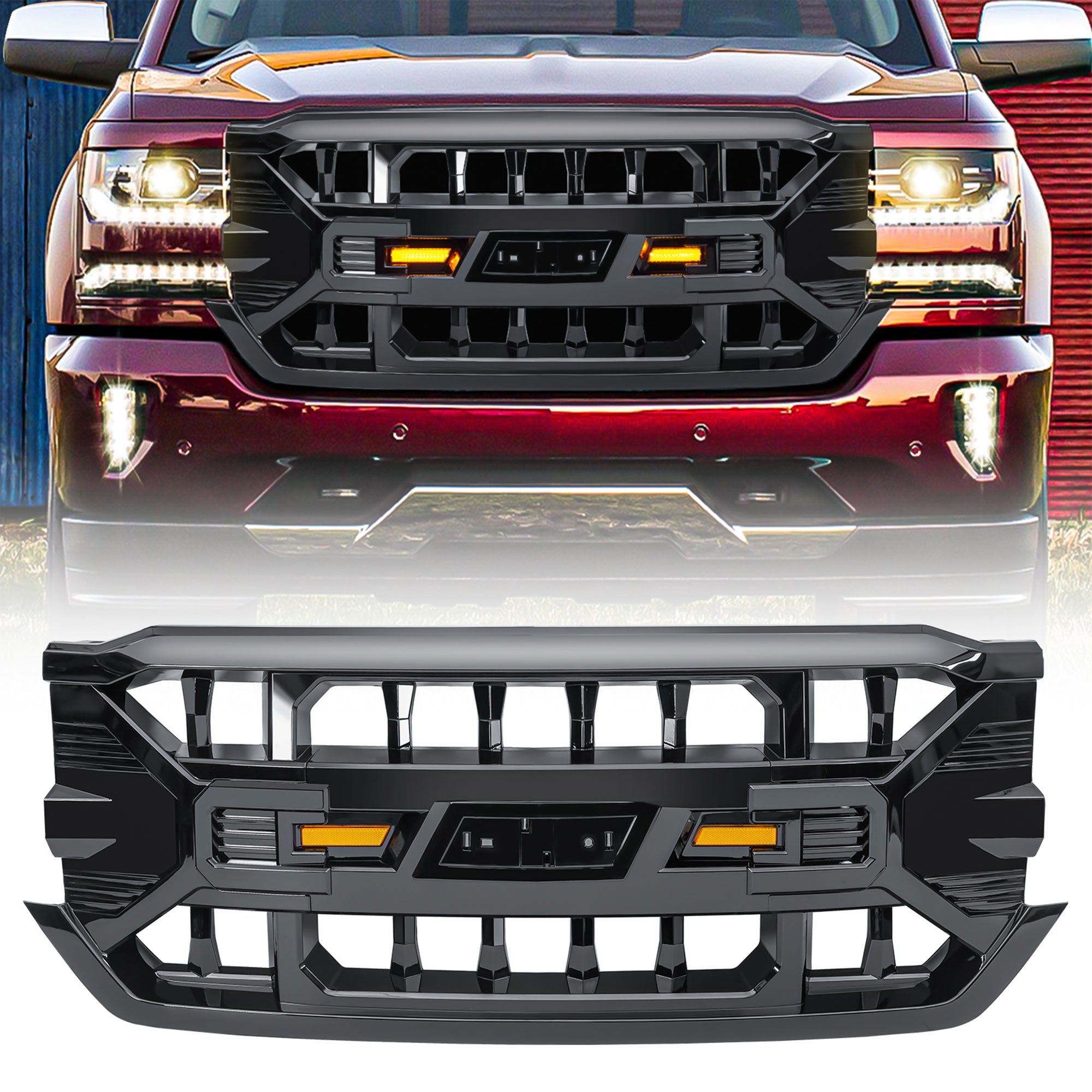 AMERICAN MODIFIED Armor Grille for 2016-2019 Chevy Silverado 1500, Glossy Black - VMInnovations