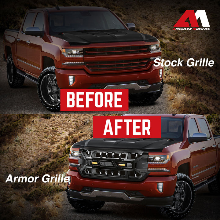 AMERICAN MODIFIED Armor Grille for 2016-2019 Chevy Silverado 1500, Glossy Black - VMInnovations