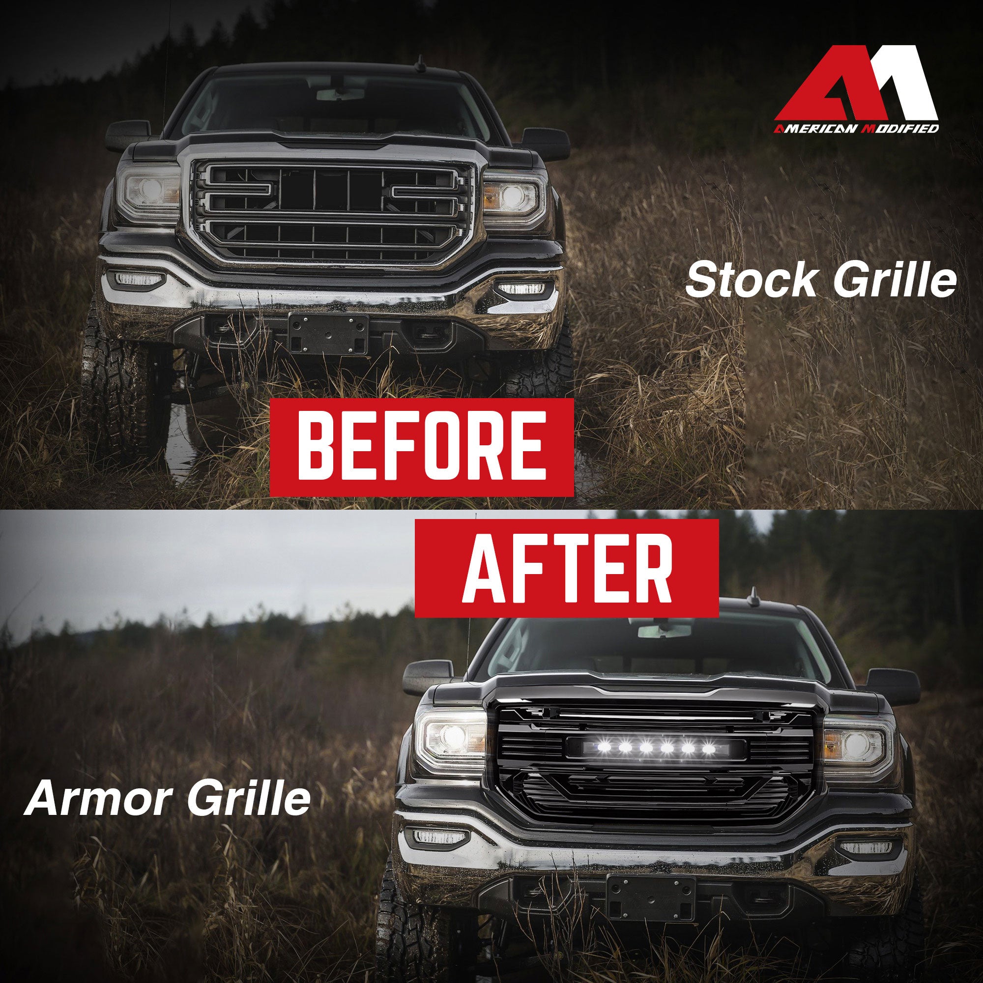 AMERICAN MODIFIED Armor Grille for 2016 to 2018 GMC Sierra 1500, Glossy Black (Open Box) - VMInnovations