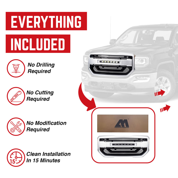 AMERICAN MODIFIED Armor Grille for 2016 to 2018 GMC Sierra 1500, Chrome Silver - VMInnovations