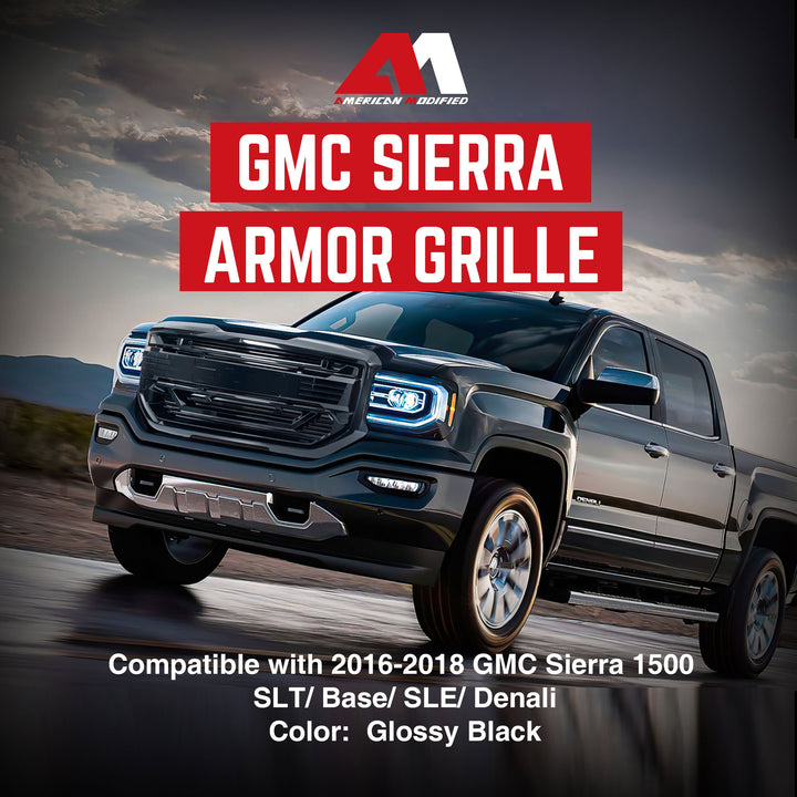 AMERICAN MODIFIED Armor Grille for 2016 to 2018 GMC Sierra 1500, Glossy Black - VMInnovations
