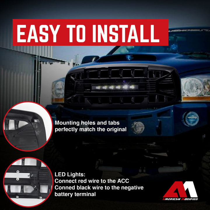 AMERICAN MODIFIED Armor Grille for 2006 to 2008 Dodge Ram 1500, Glossy Black - VMInnovations