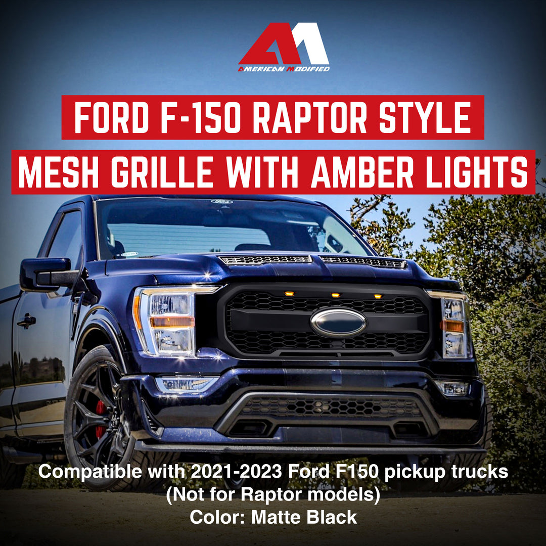 AMERICAN MODIFIED Raptor Style Mesh Grill for 2021-2023 Ford F150, Matte Black - VMInnovations