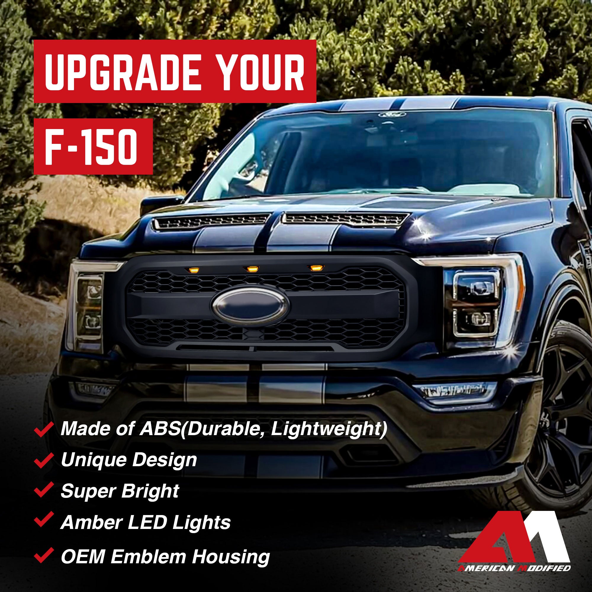 AMERICAN MODIFIED Raptor Style Mesh Grill for 2021-2023 Ford F150, Matte Black - VMInnovations