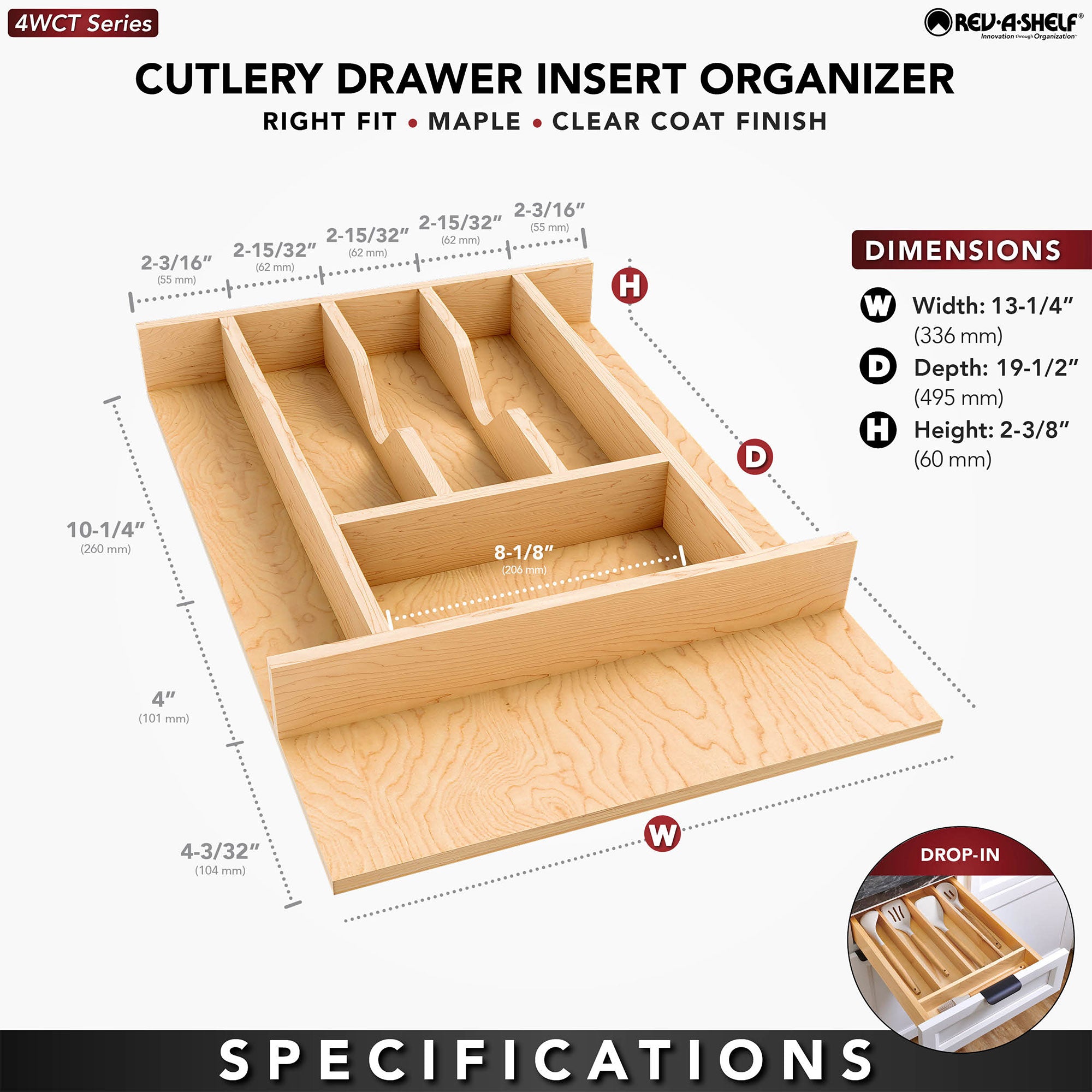 Rev-A-Shelf Natural Maple Right Size Utensil Drawer Insert, 13-1/4" x 19-1/2" - VMInnovations