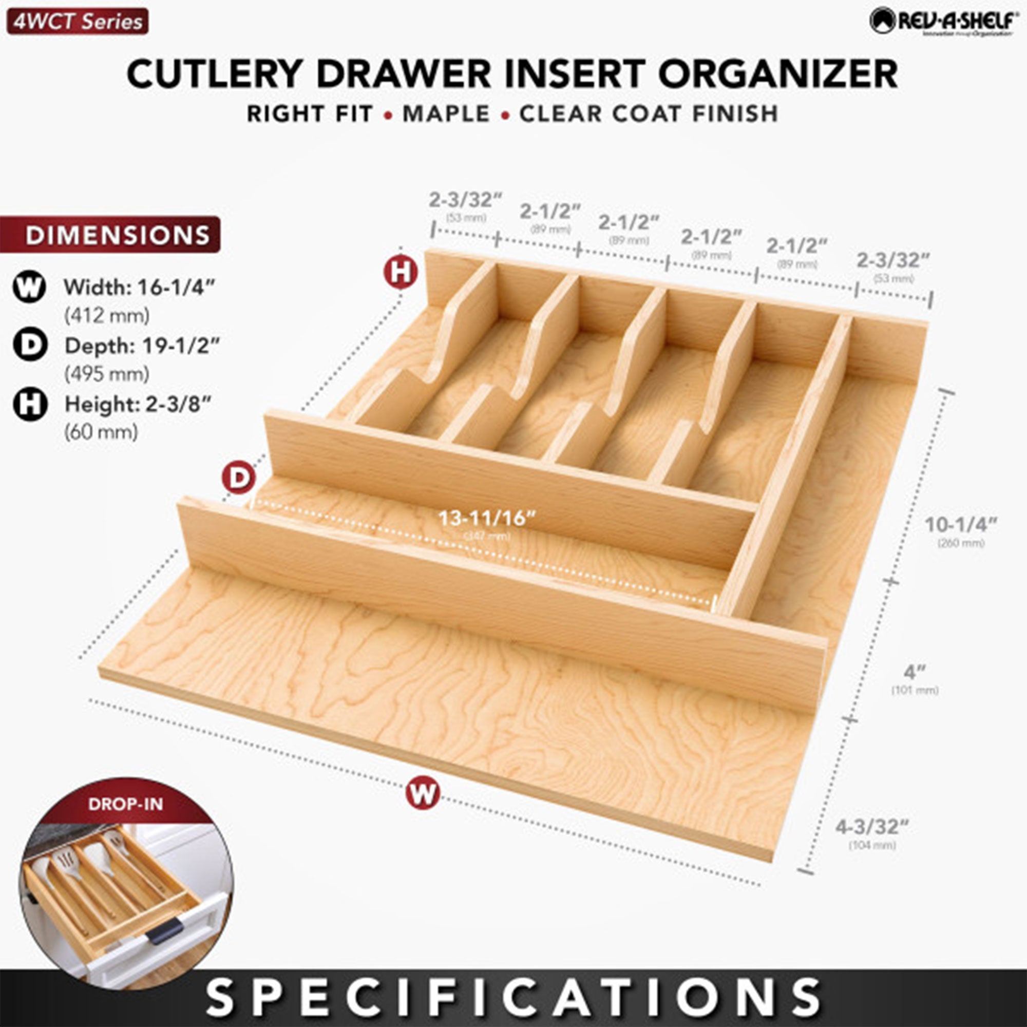 Rev-A-Shelf Natural Maple Right Size Utensil Drawer Insert, 16-1/4" x 19-1/2" - VMInnovations