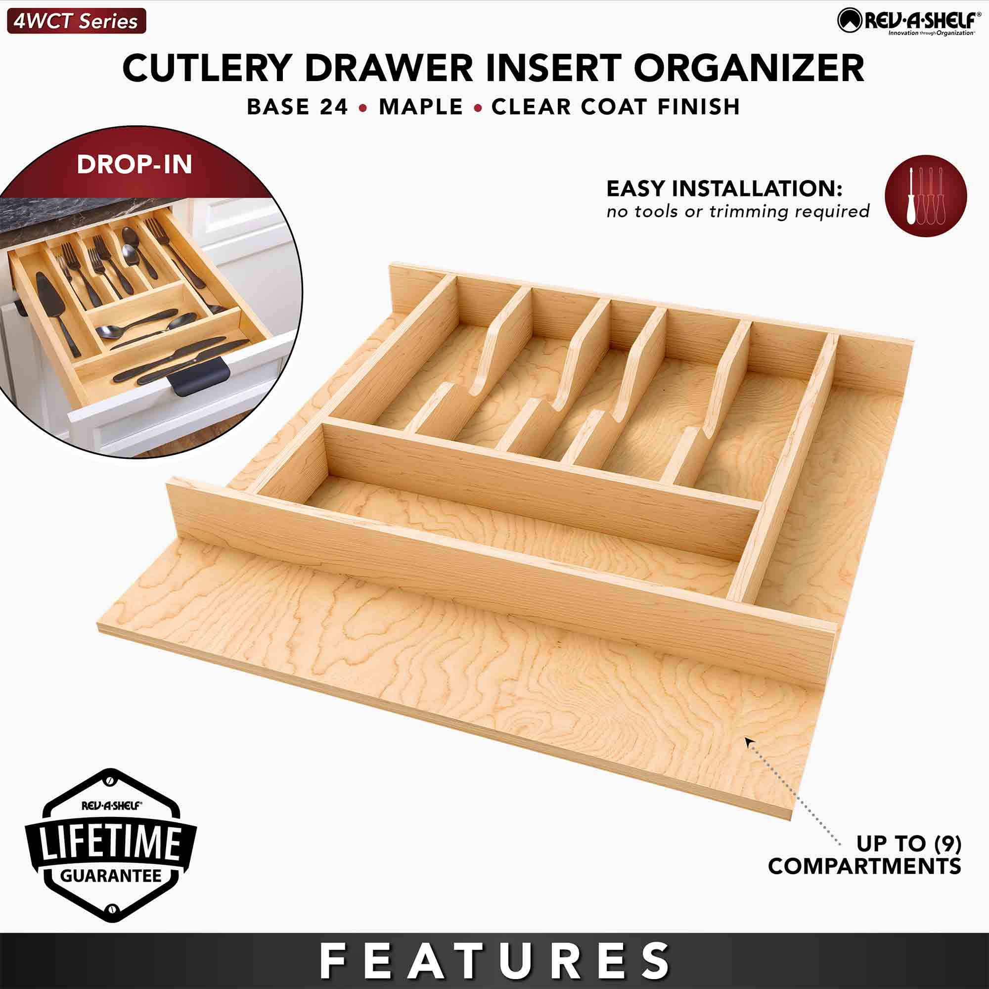 Rev-A-Shelf Natural Maple Right Size Utensil Drawer Insert, 19 1/4" x 19 1/2" - VMInnovations