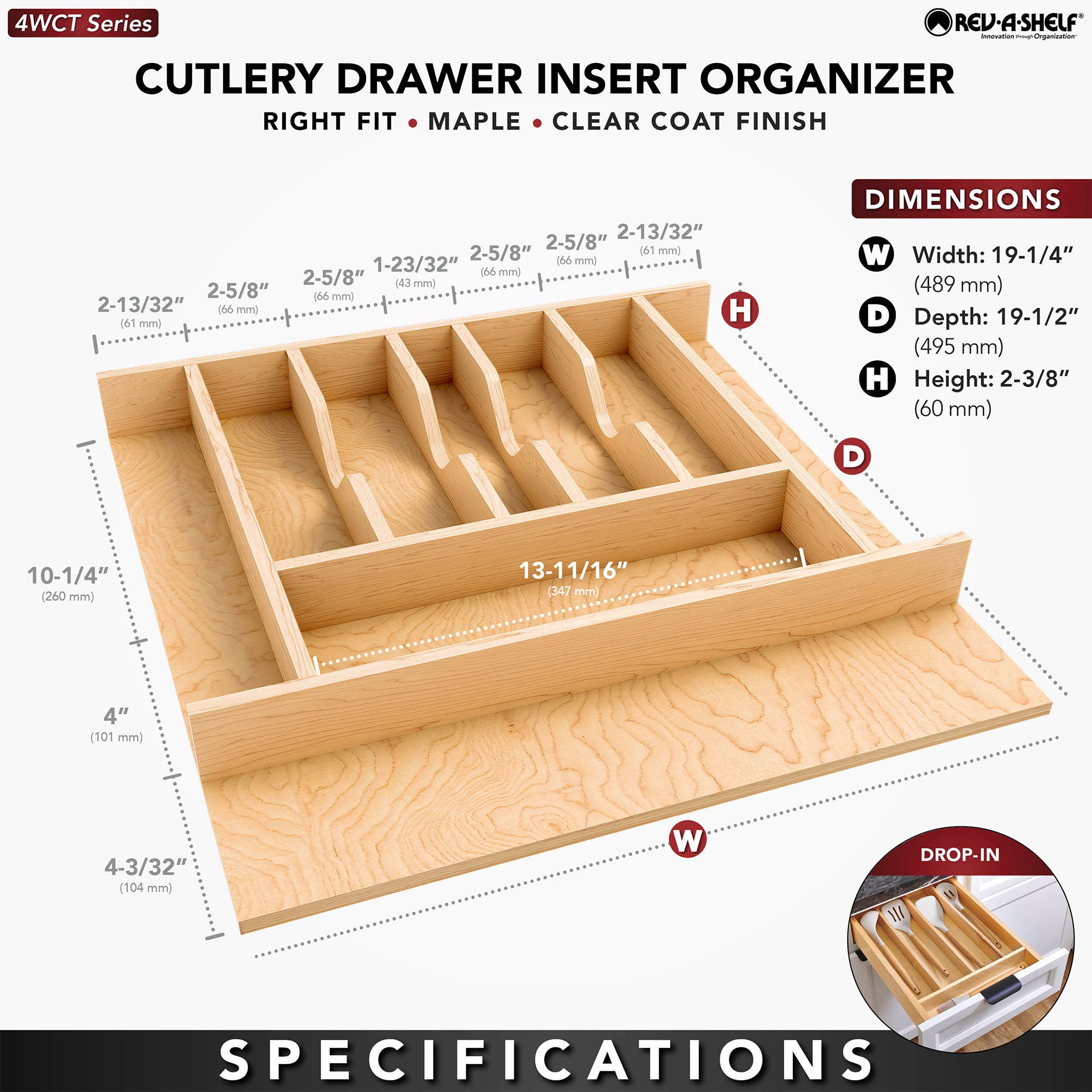 Rev-A-Shelf Natural Maple Right Size Utensil Drawer Insert, 19 1/4" x 19 1/2" - VMInnovations