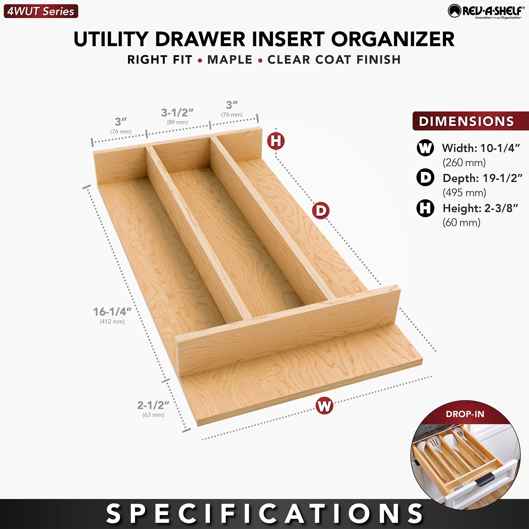 Rev-A-Shelf Natural Maple Right Size Utensil Drawer Insert, 10-1/4" x 19-1/2" - VMInnovations