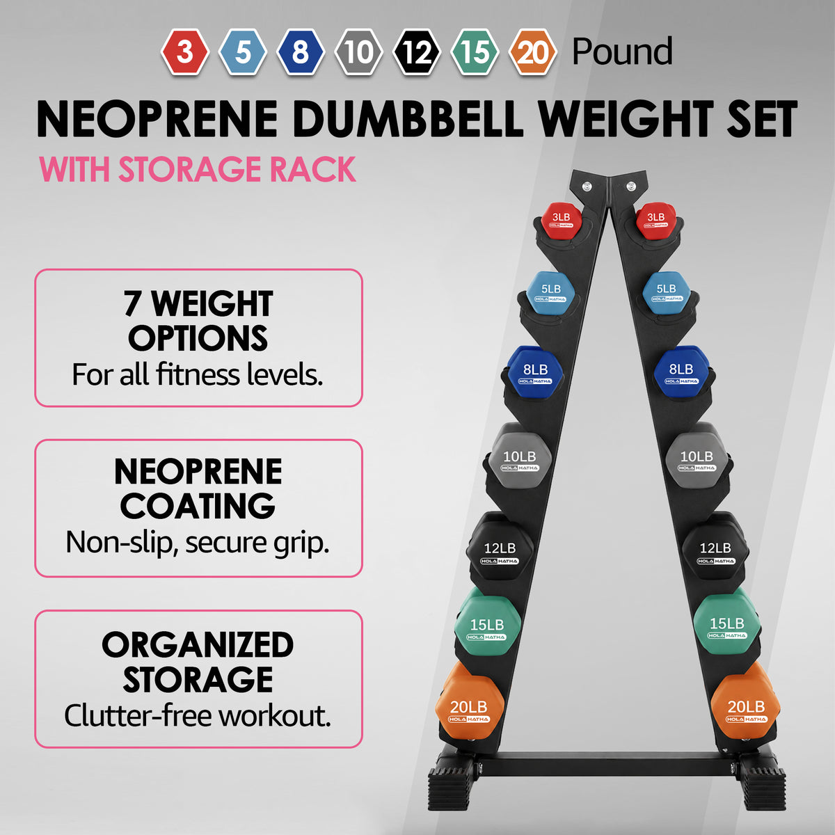 HolaHatha 146 Pound Neoprene Dumbbell Full Body Weight Set with Storage Rack - VMInnovations