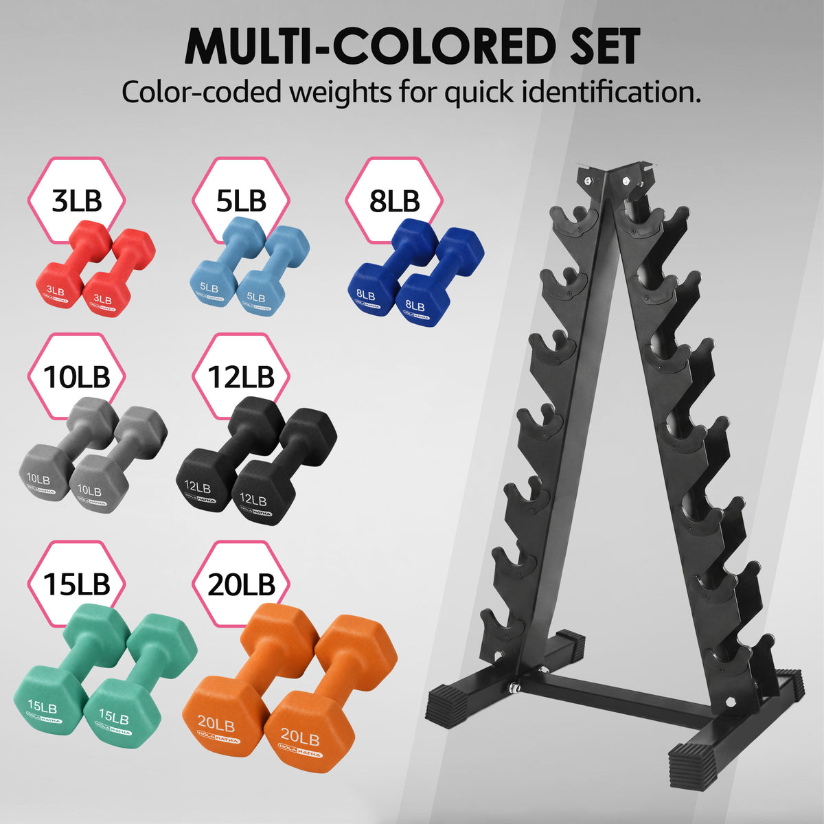 HolaHatha 146 Pound Neoprene Dumbbell Full Body Weight Set with Storage Rack - VMInnovations