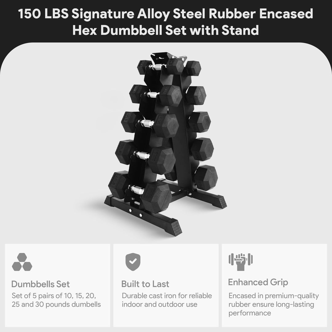 BalanceFrom Signature Alloy Steel 150 lb Rubber Encased Hex Dumbbell Set, Black - VMInnovations
