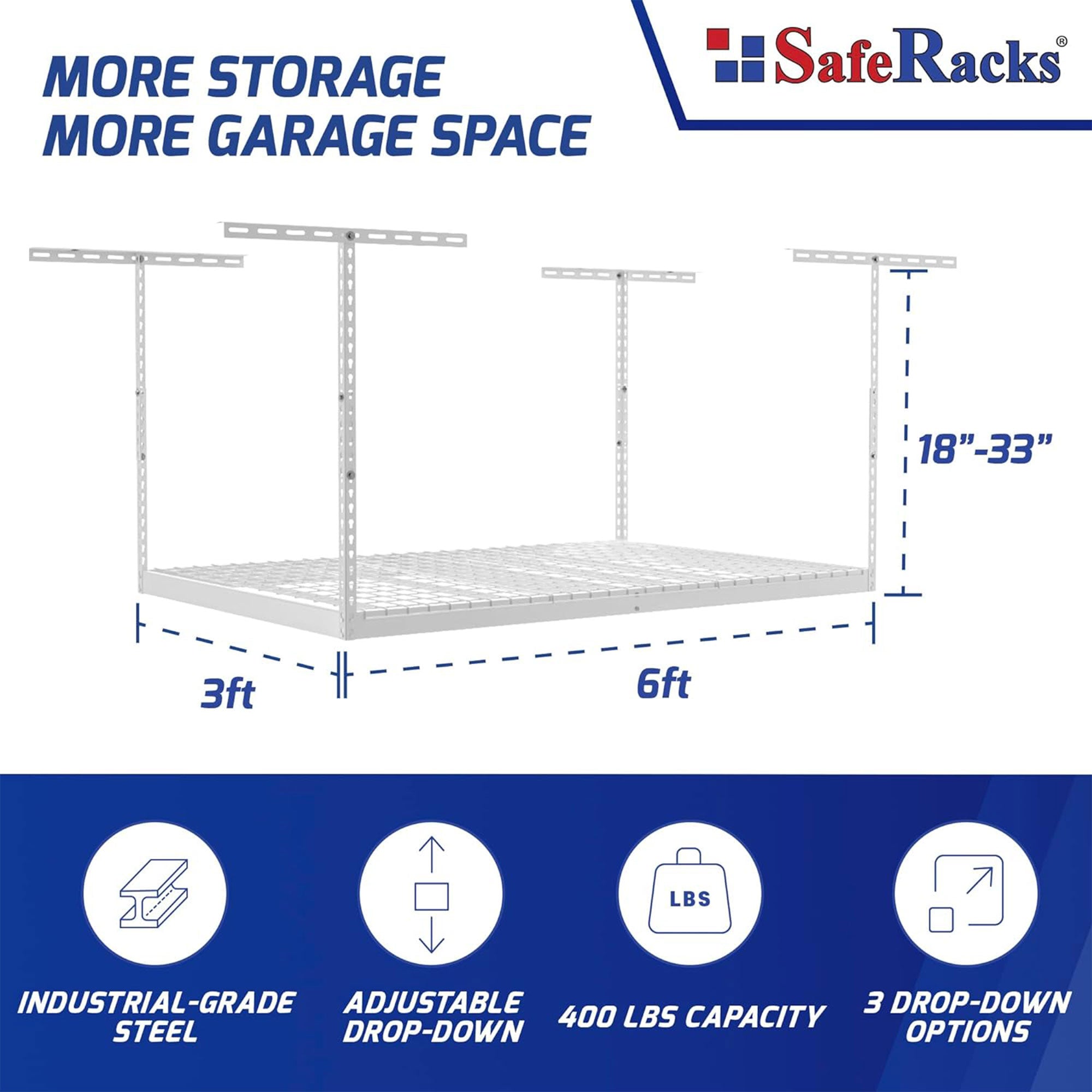 SafeRacks 3' x 6' Overhead Garage Storage Rack Holds Up to 400 Pounds, White - VMInnovations