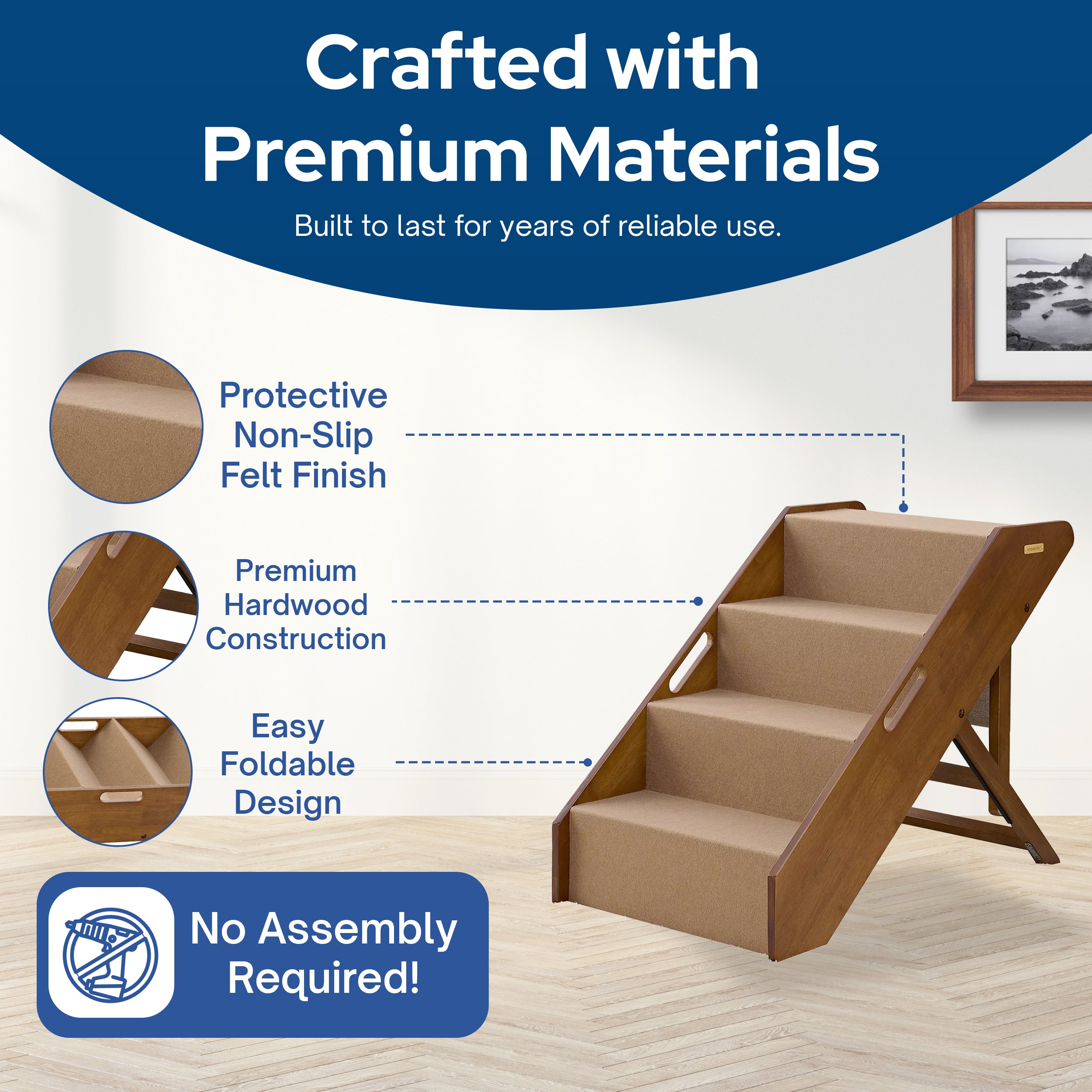 MECO Stakmore Foldable Pet Steps with Solid Construction, Brown Felt (Open Box)