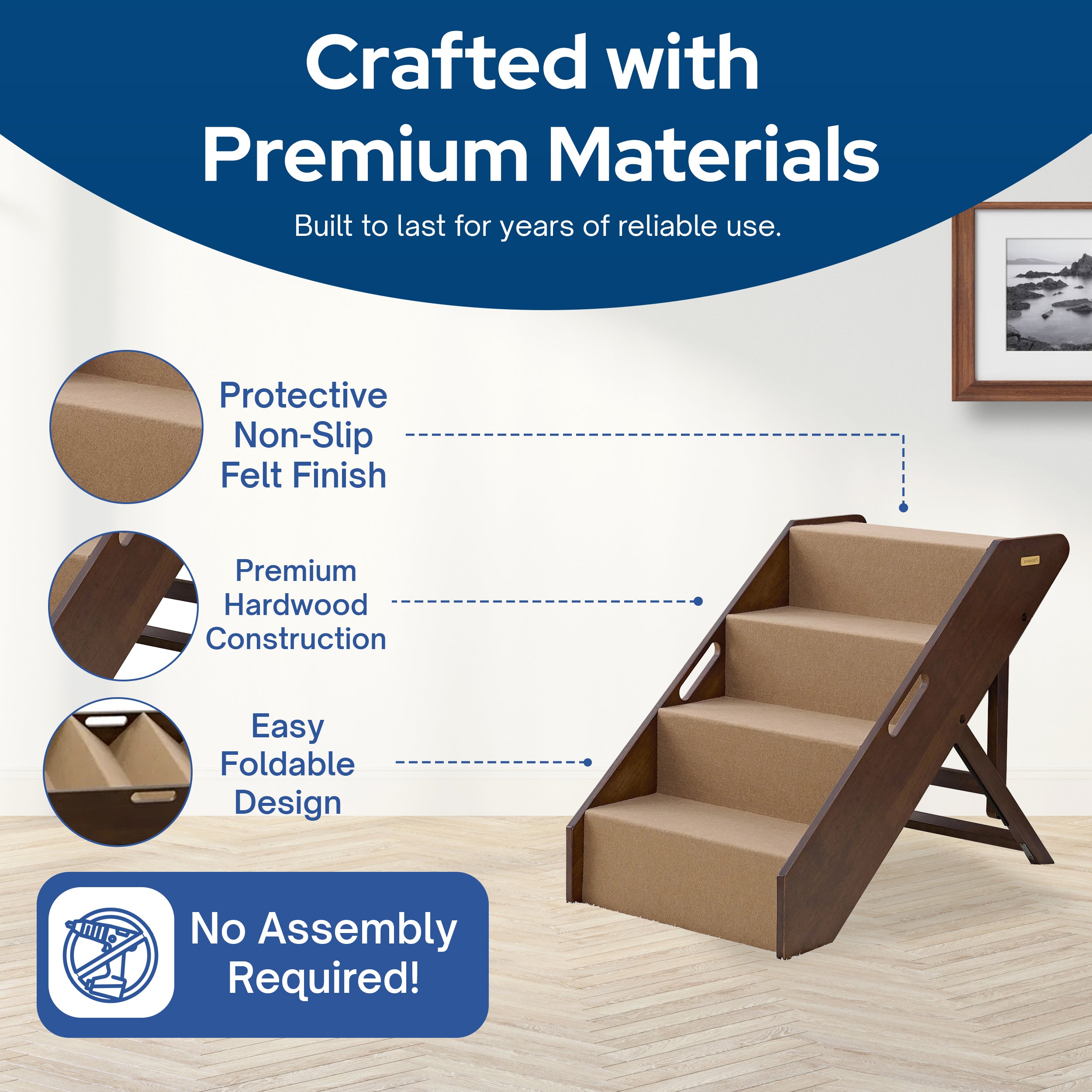 MECO Foldable Pet Steps w/Hardwood Construction, Espresso w/Brown Felt (Used) - VMInnovations