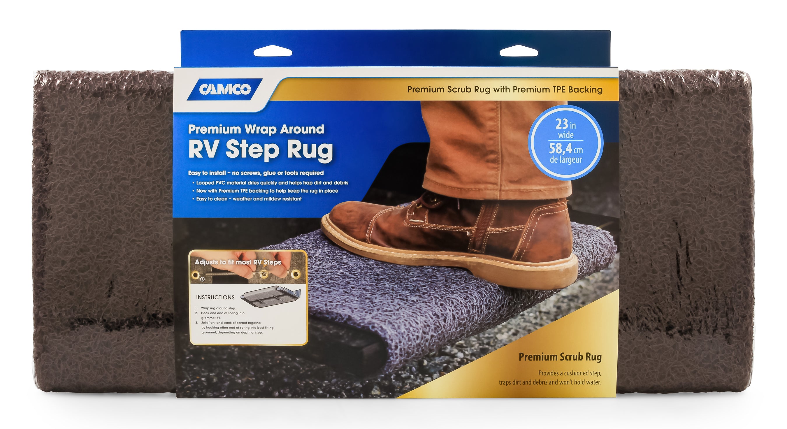 Camco Premium Wrap Around RV Step Rug with Looped PVC Material and Spring, Brown