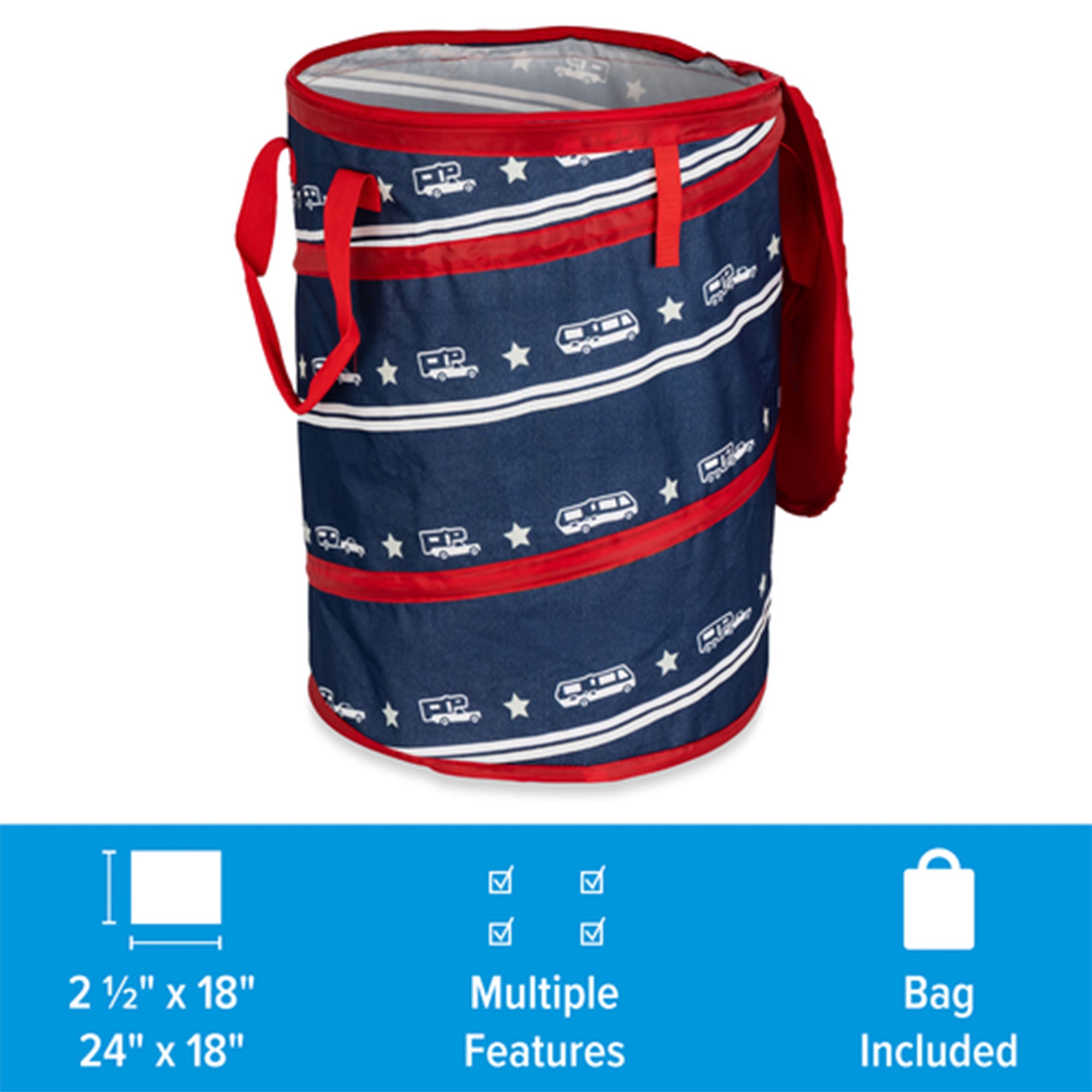 Camco Campsite Pop Up Utility Container with Liner and Zipper Close, Patriotic - VMInnovations