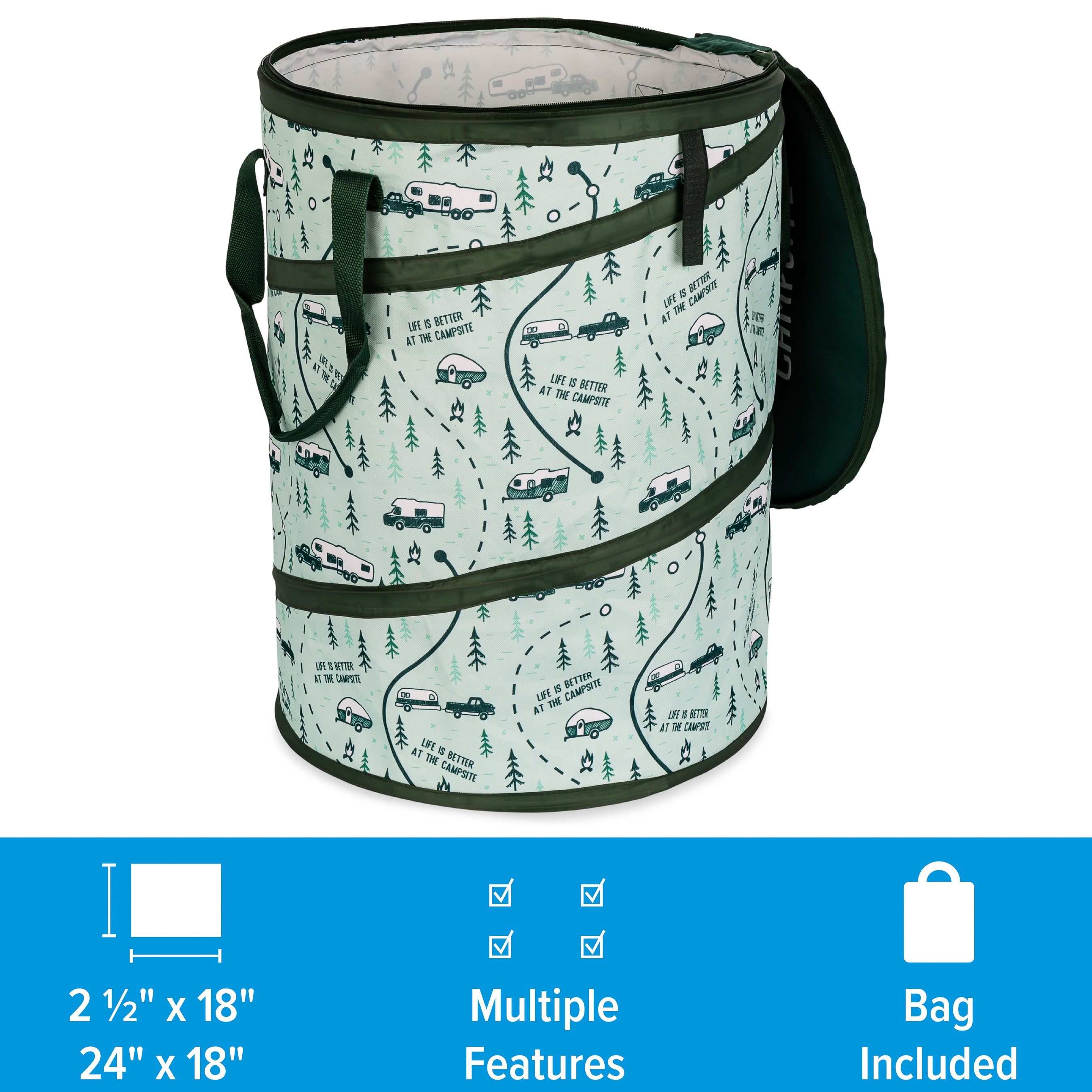 Camco Campsite Pop Up Utility Container with Liner and Zipper Close, Map Design - VMInnovations