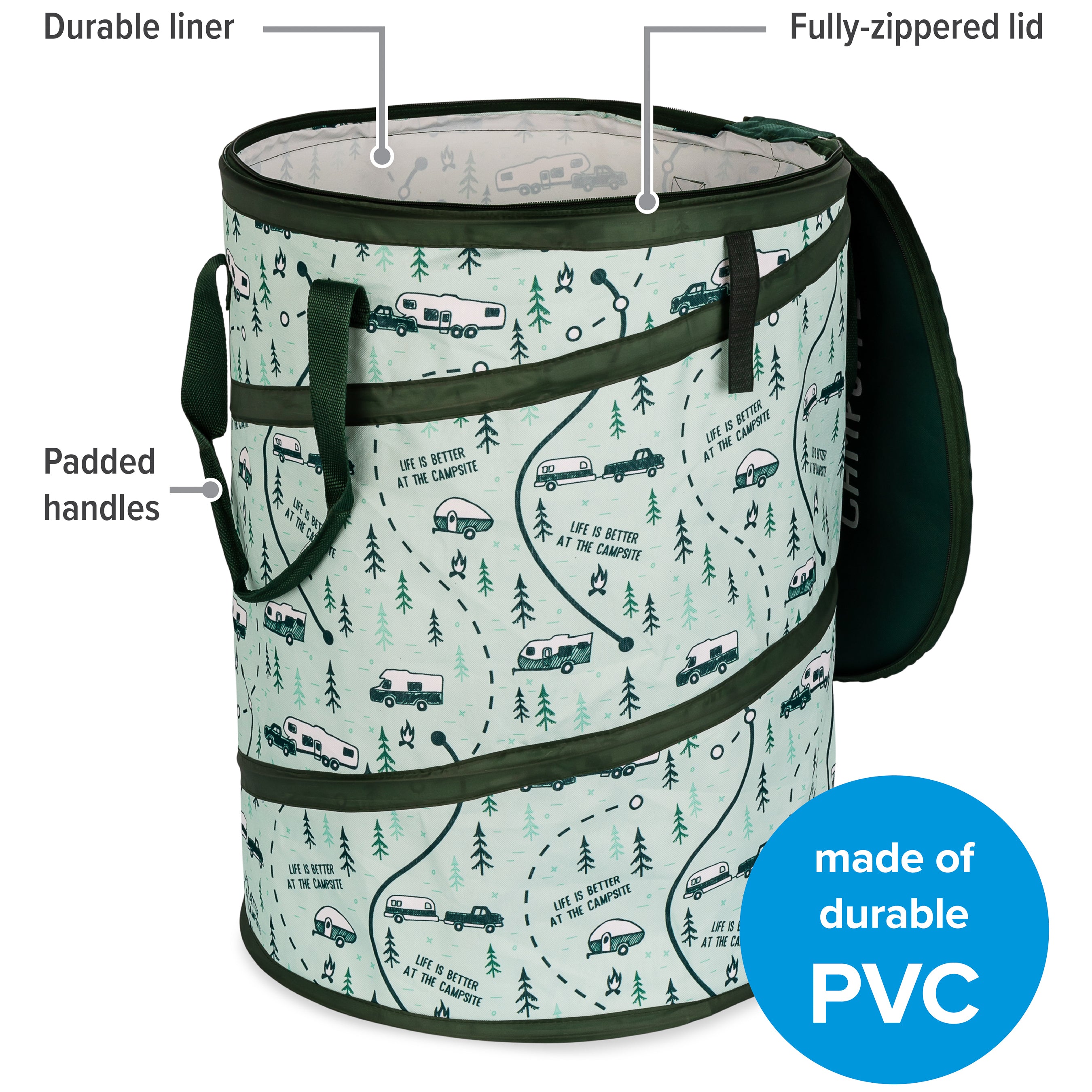 Camco Pop Up Utility Container w/Liner and Zipper Close, Map Design (Open Box) - VMInnovations