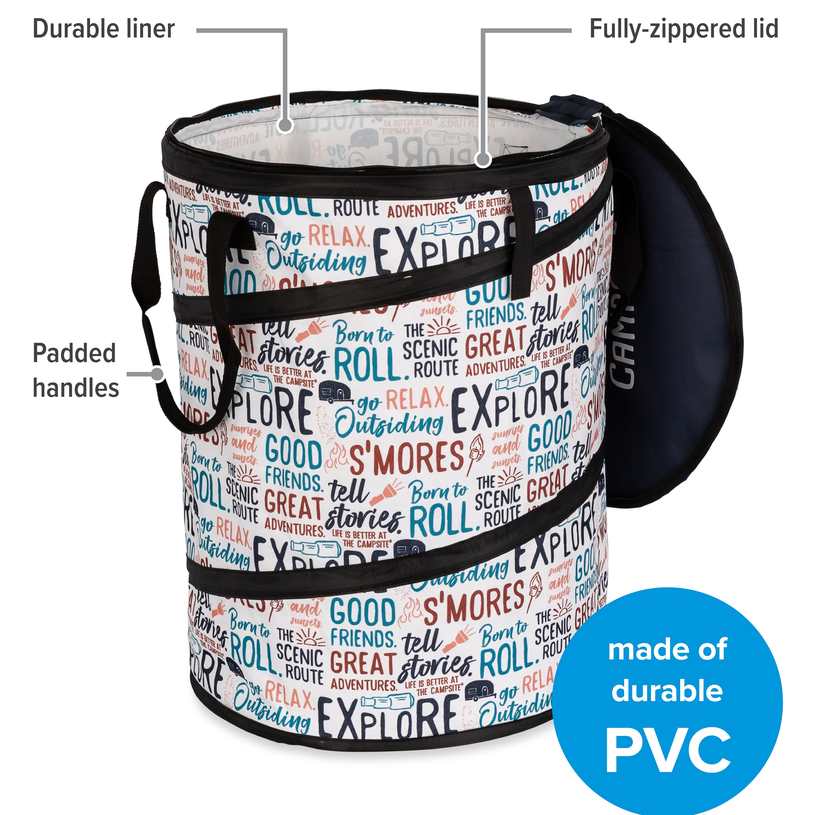 Camco Campsite Pop Up Utility Container with Liner and Zipper Close, Multicolor - VMInnovations