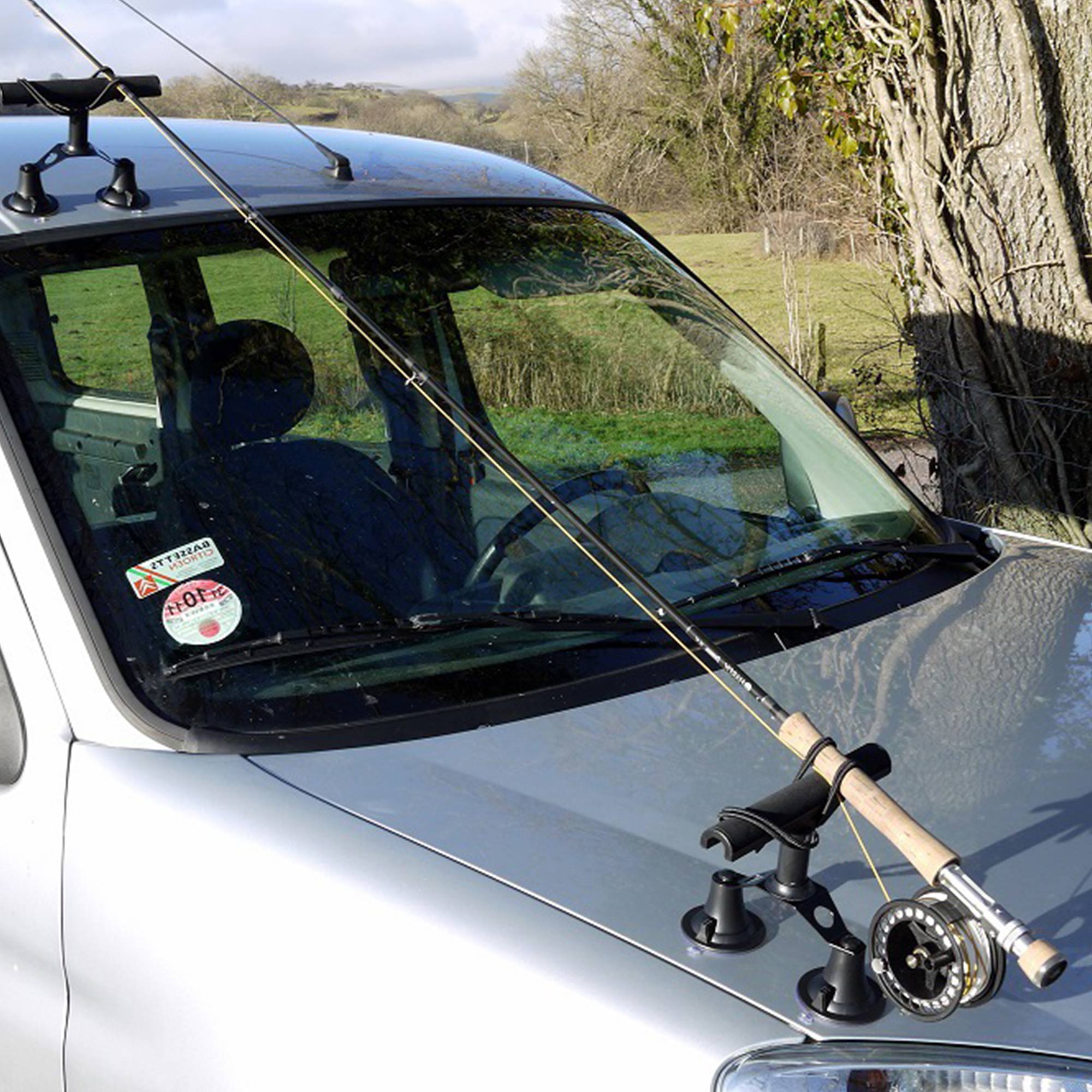 Vac Rac Quad Rack Fly Rod Mount Carrier Vacuum Suction Cup, Holds 4 Rods, Black - VMInnovations