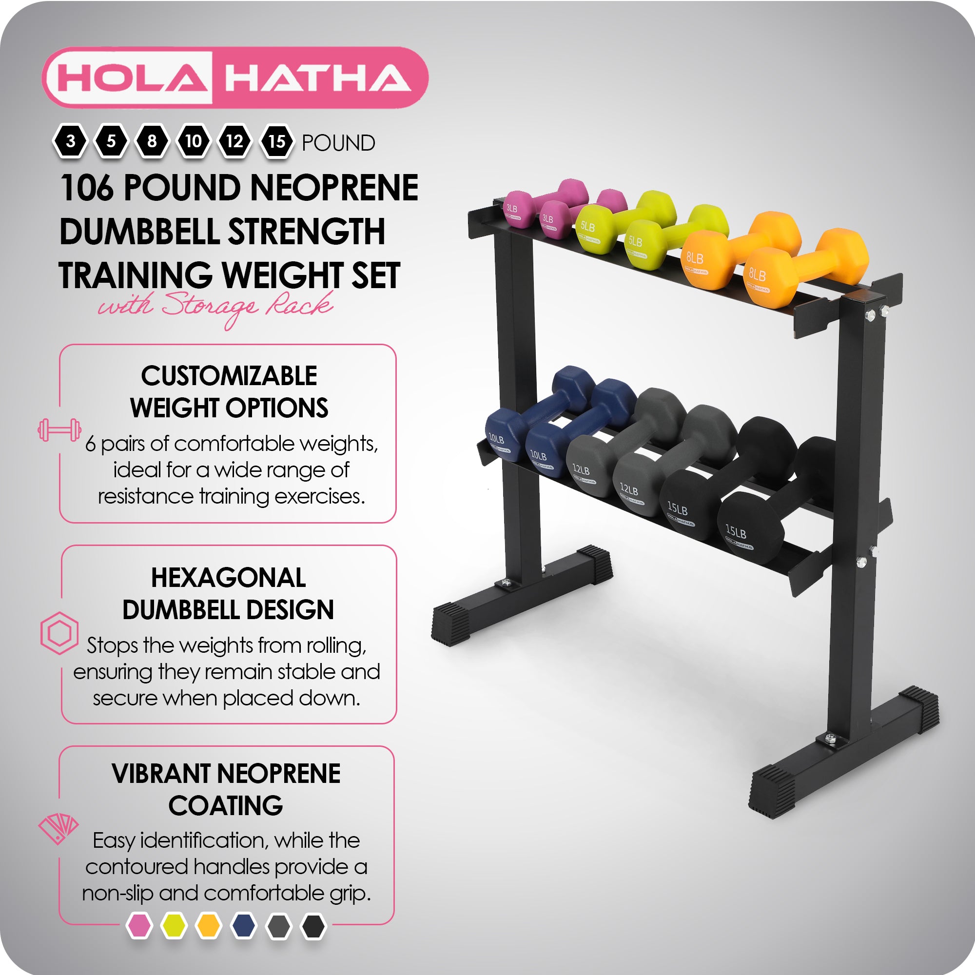 HolaHatha 106lb Neoprene Dumbbell Strength Training Weight Set w/Rack (Open Box) - VMInnovations