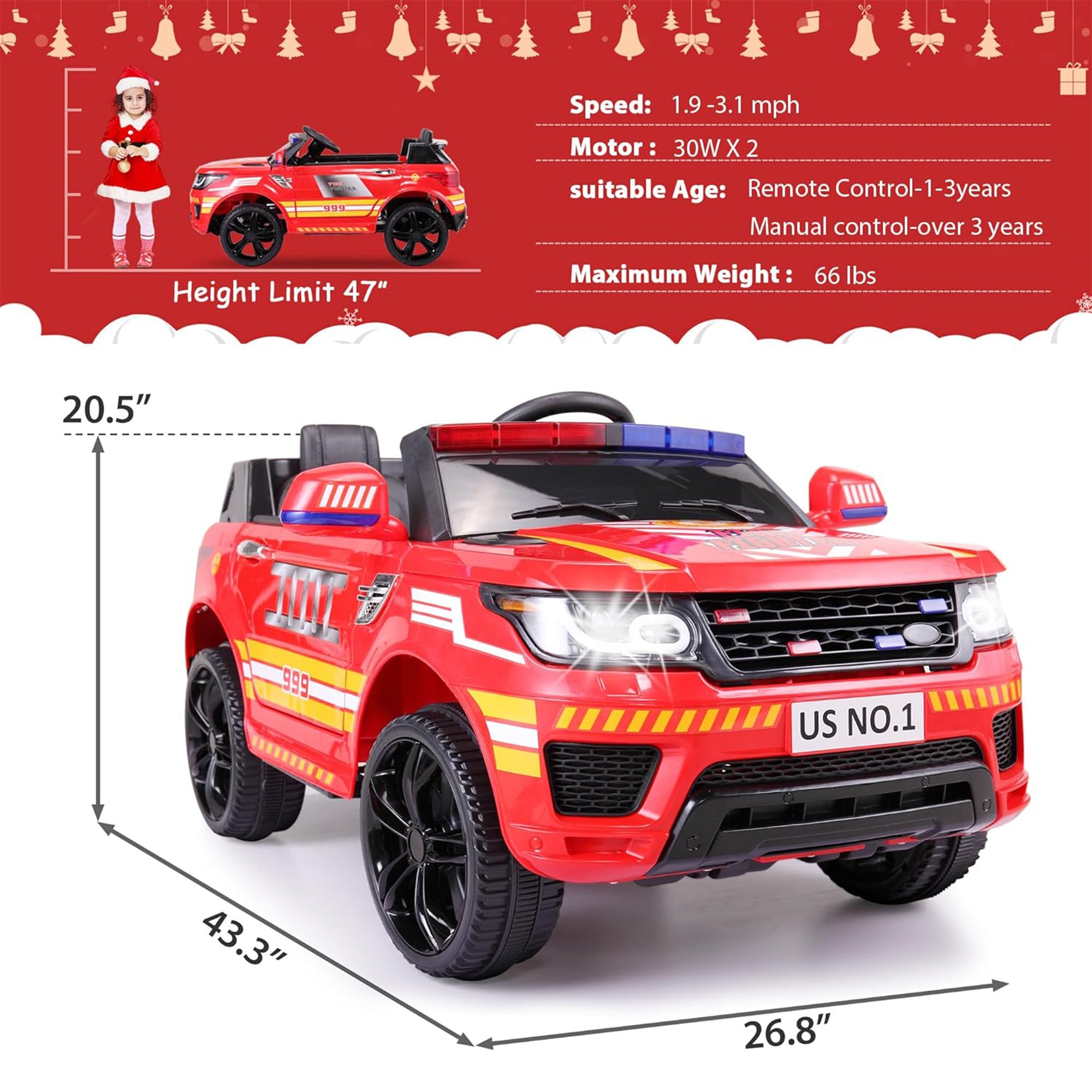 TOBBI 12 Volt Battery Powered Ride On Fire Truck for Ages 3 Years, Red(Open Box)