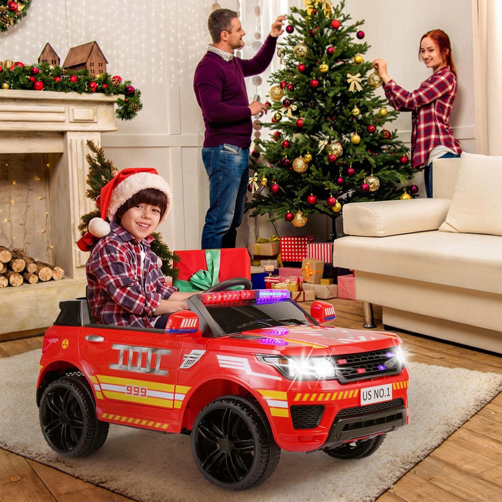 TOBBI 12 Volt Battery Powered Ride On Fire Truck for Kids Ages 3 Years, Red - VMInnovations
