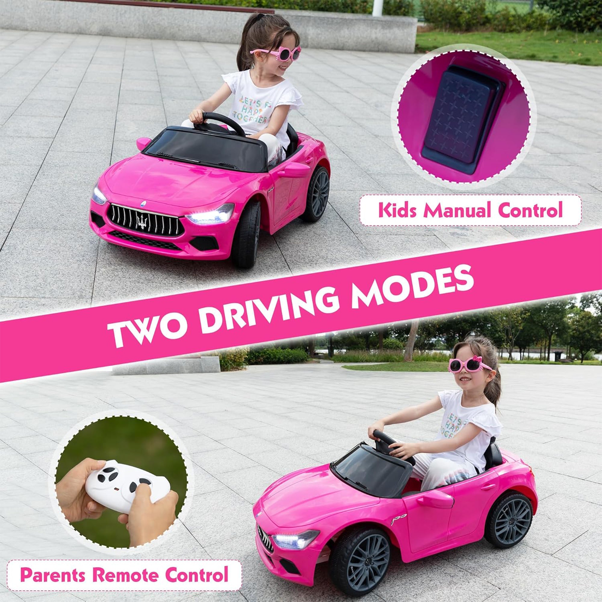 TOBBI Kids Ride On Car, 12V Maserati Ghibli Electric Toy w/ Remote, Music, Pink - VMInnovations