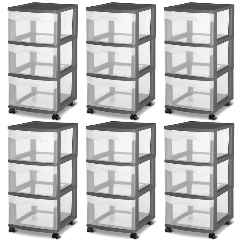 Sterilite 3 Drawer Home Organizer Storage Cart w/Caster Wheels, Gray (6 Pack)