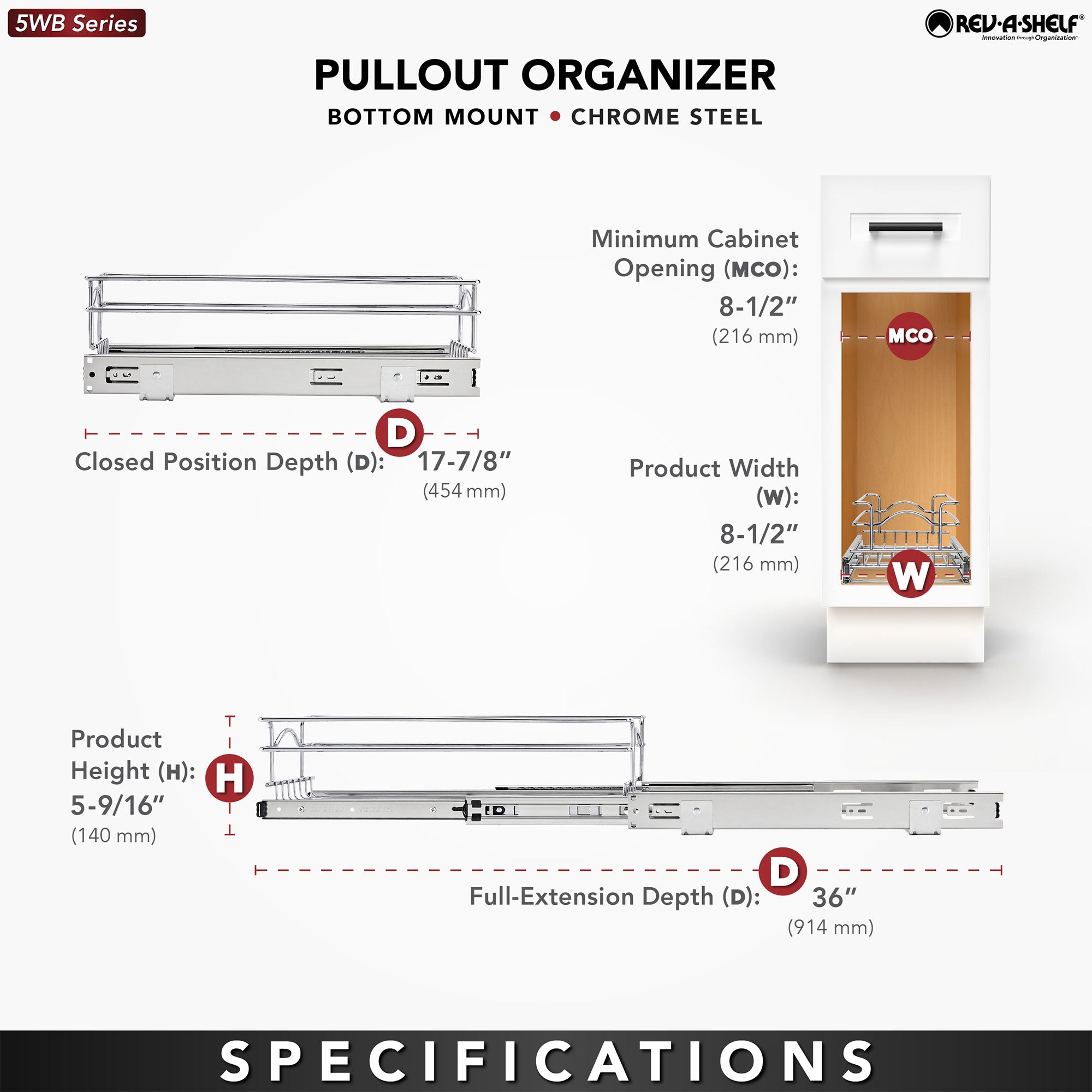 Rev-A-Shelf Kitchen Pull Out Shelf Organizer, 8.5" x 18", 5WB1-0918CR-1 (3 Pack) - VMInnovations