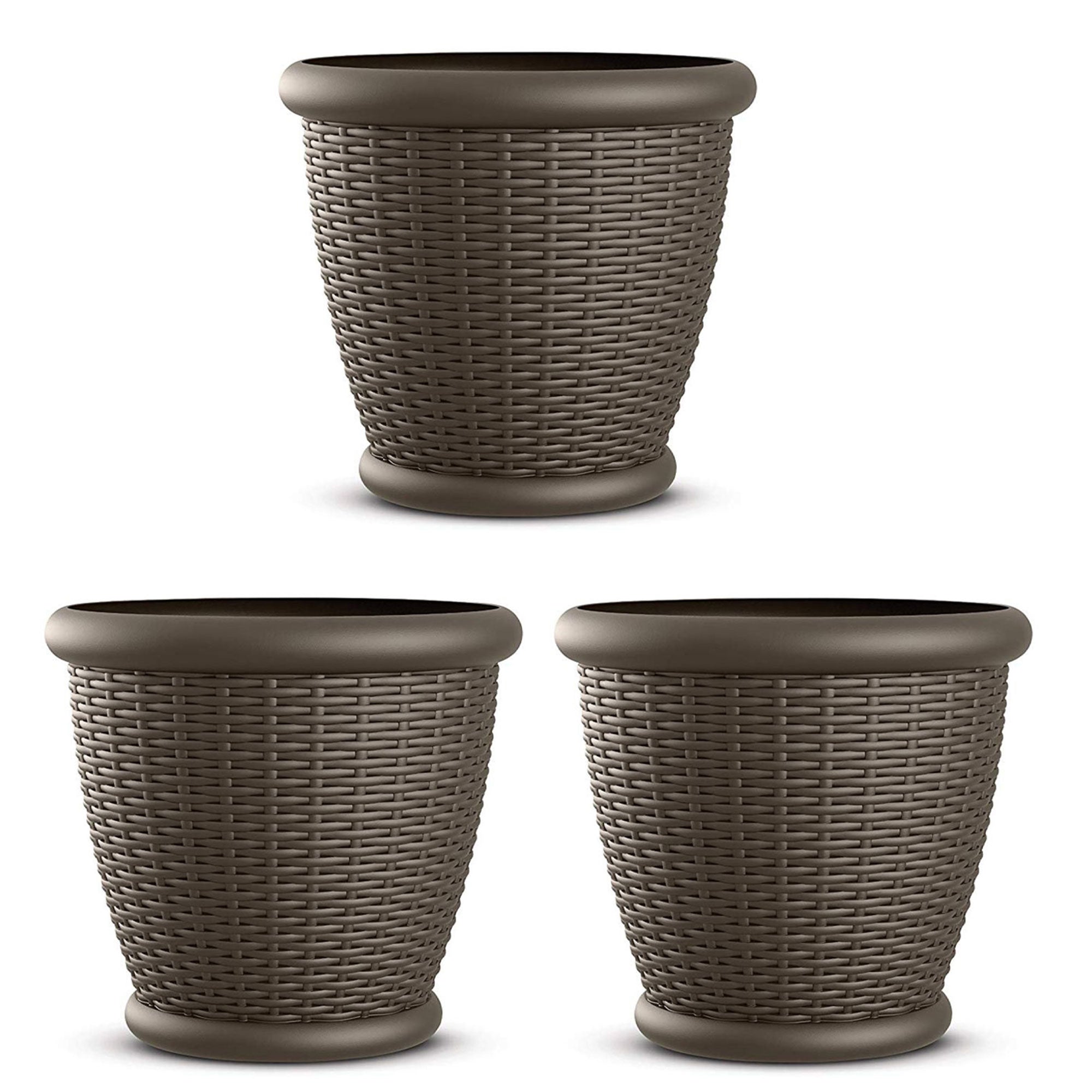 Suncast Willow 18" Plastic Decorative Wicker Patio Planter Pot, Java (3 Pack) - VMInnovations