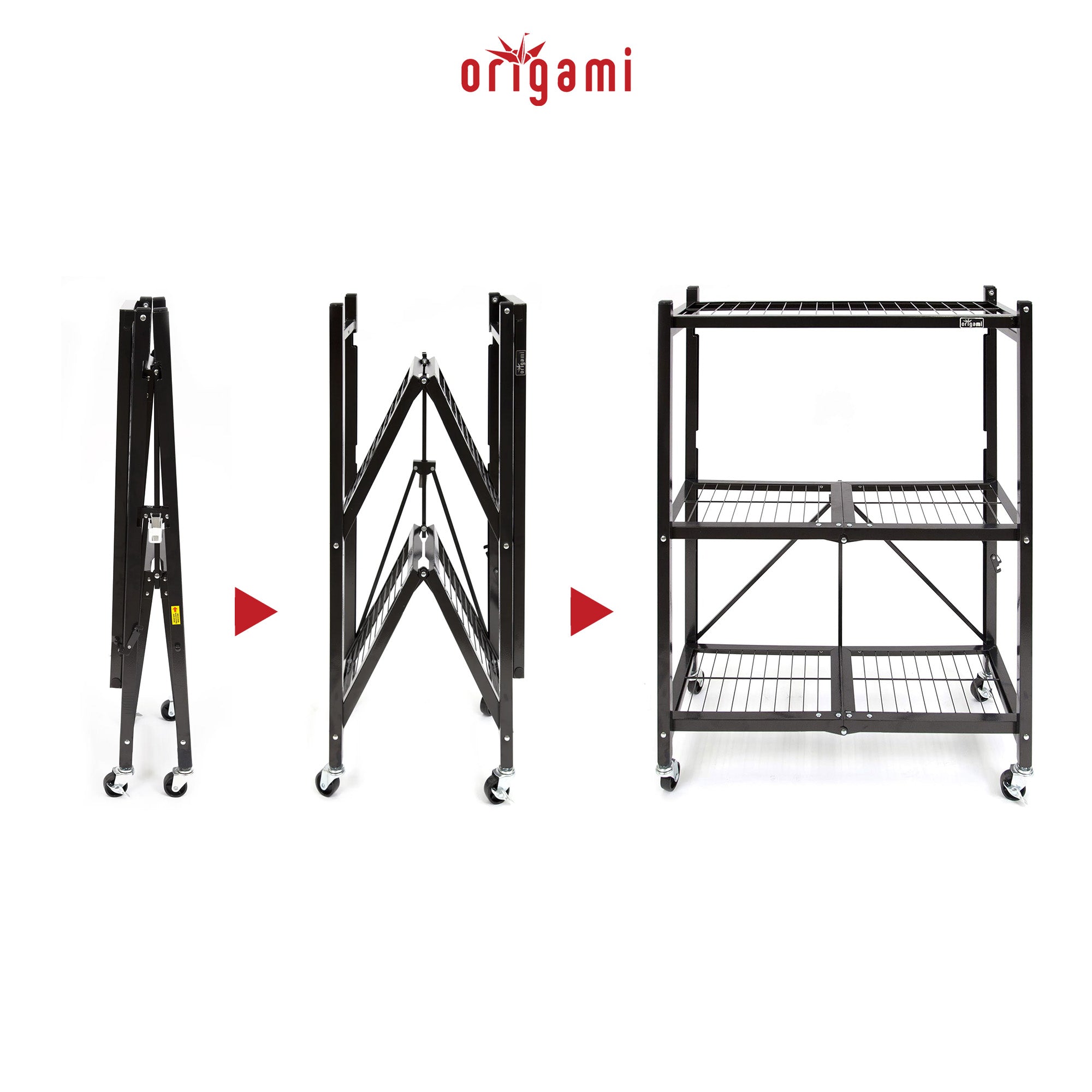 Origami 3-Pack General Purpose Foldable 3-Tier Shelf Storage Racks, R3, Black - VMInnovations
