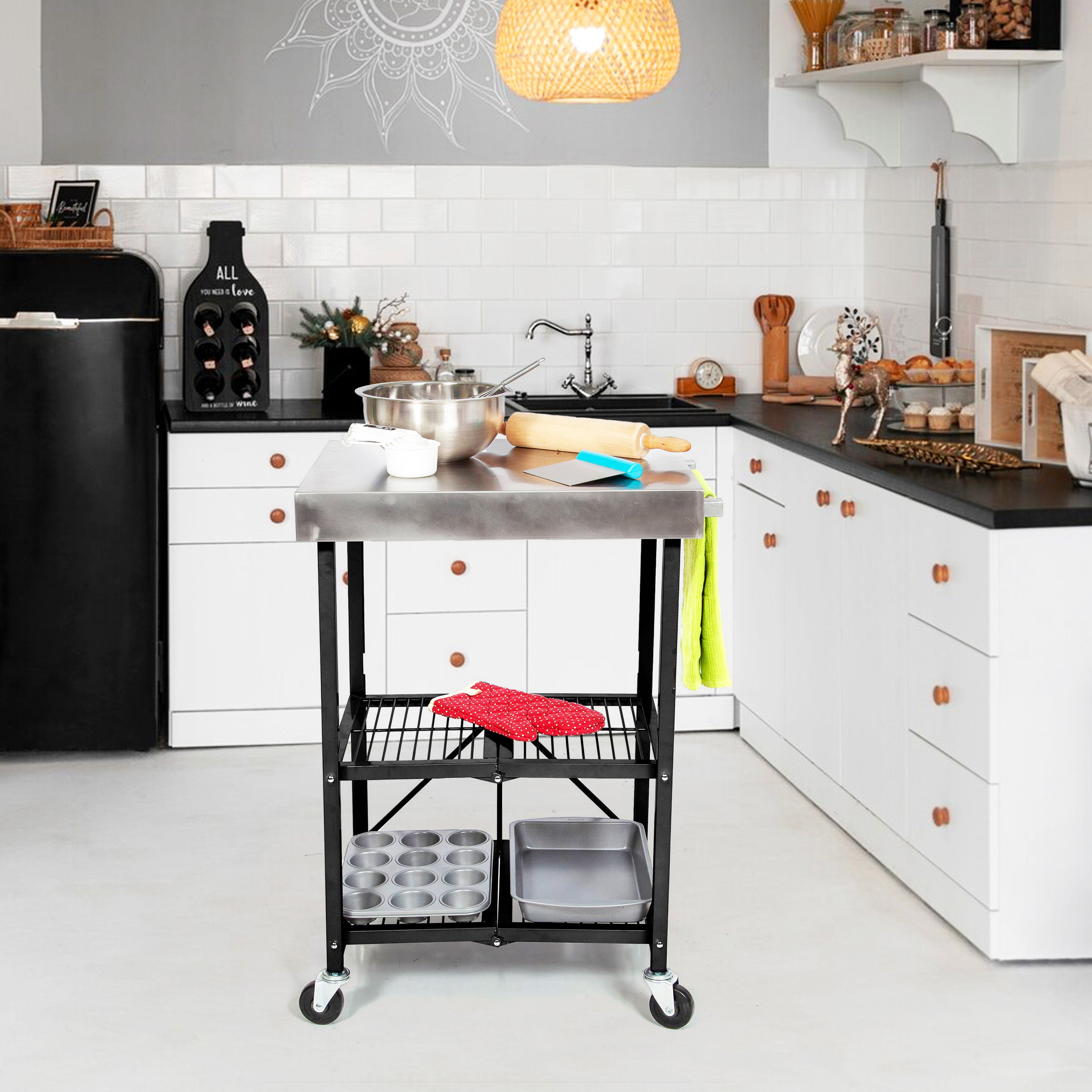 Origami RBT Fully Stainless Steel Foldable Kitchen Cart with 4 Wheels, Black - VMInnovations