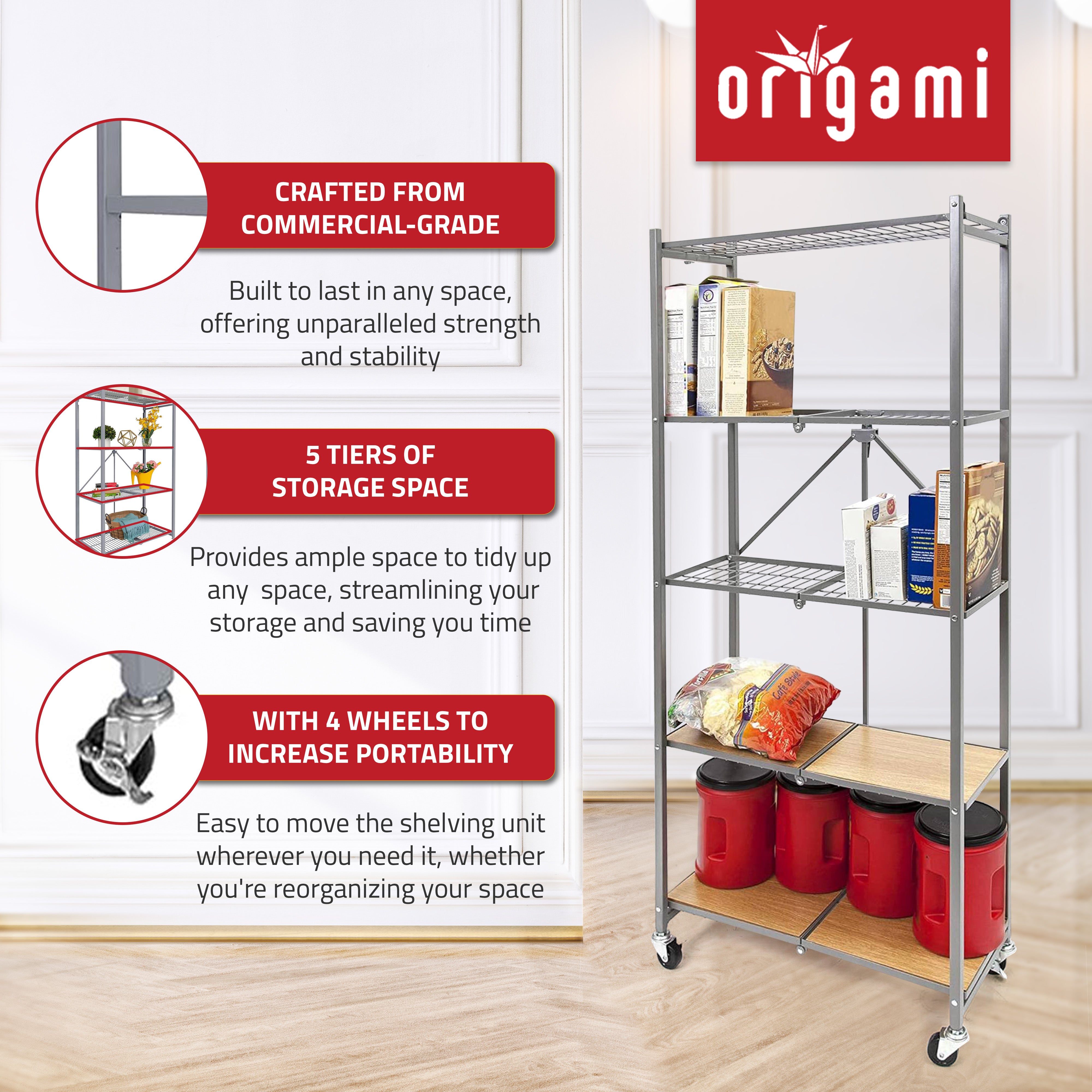 Origami RPR Series 5 Shelf Slim Steel Pantry Rack Holds up to 100 Pounds, Silver - VMInnovations
