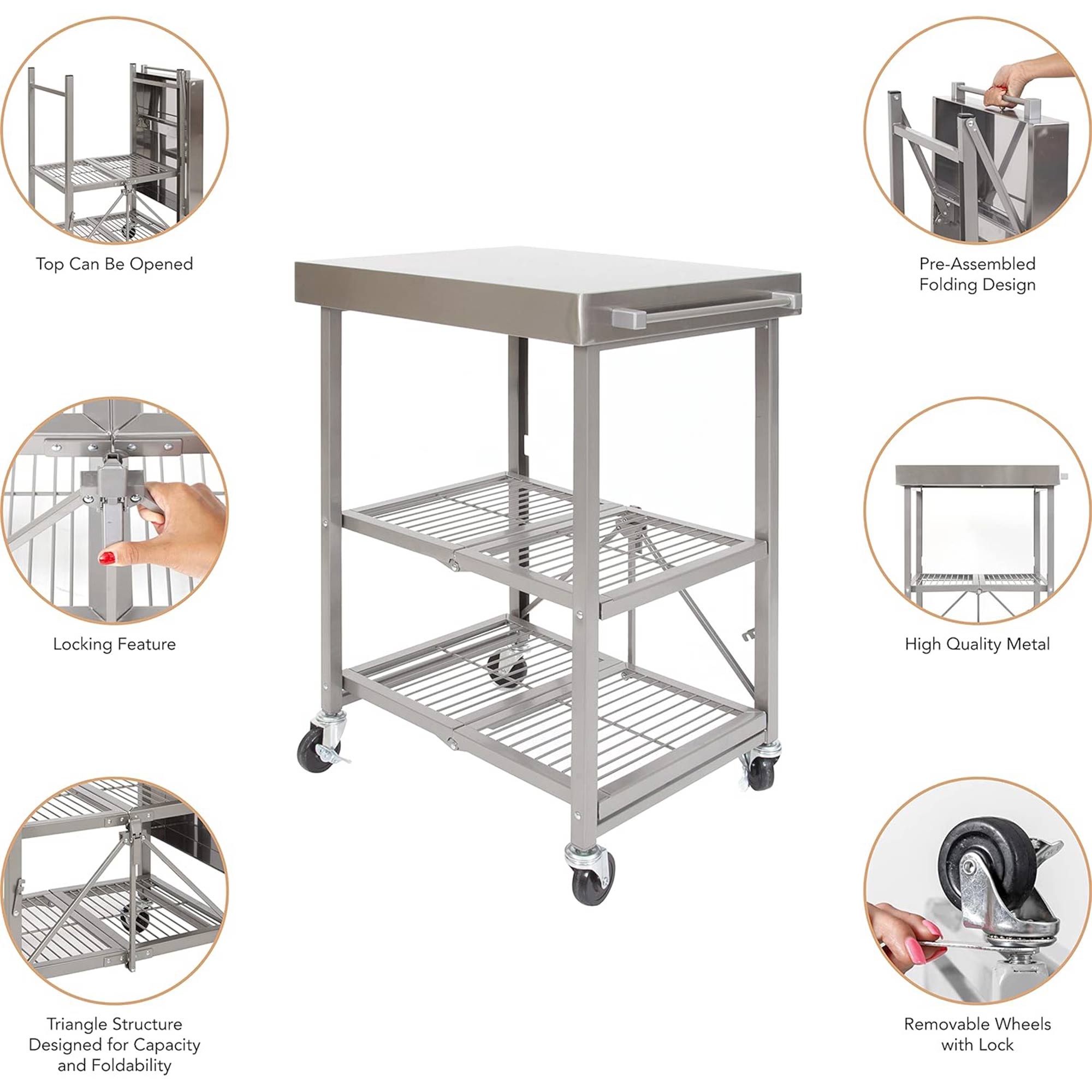 Origami RBT Fully Stainless Steel Foldable Kitchen Cart with Wheels, Silver - VMInnovations